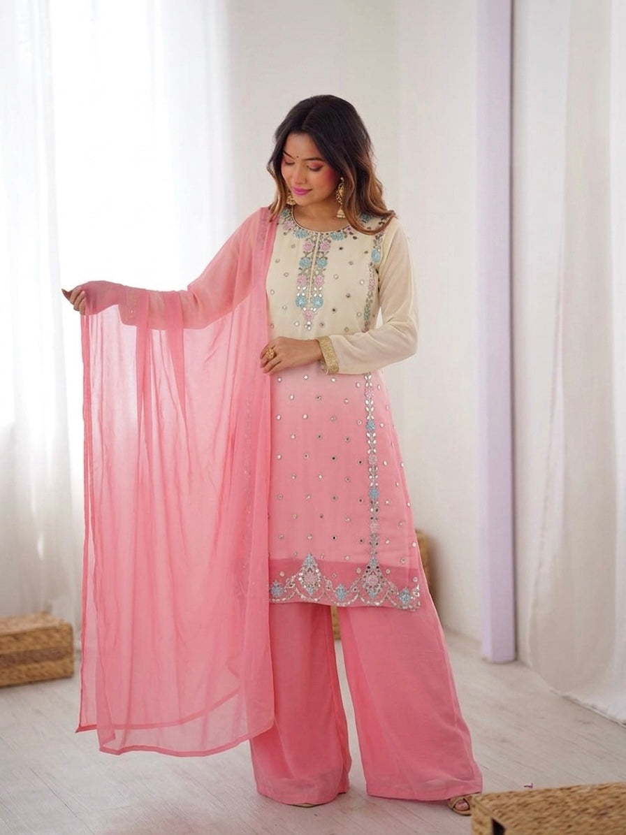 Women's Heavy Faux Georgette Embroidered Palazzo Suit Set with Dupatta