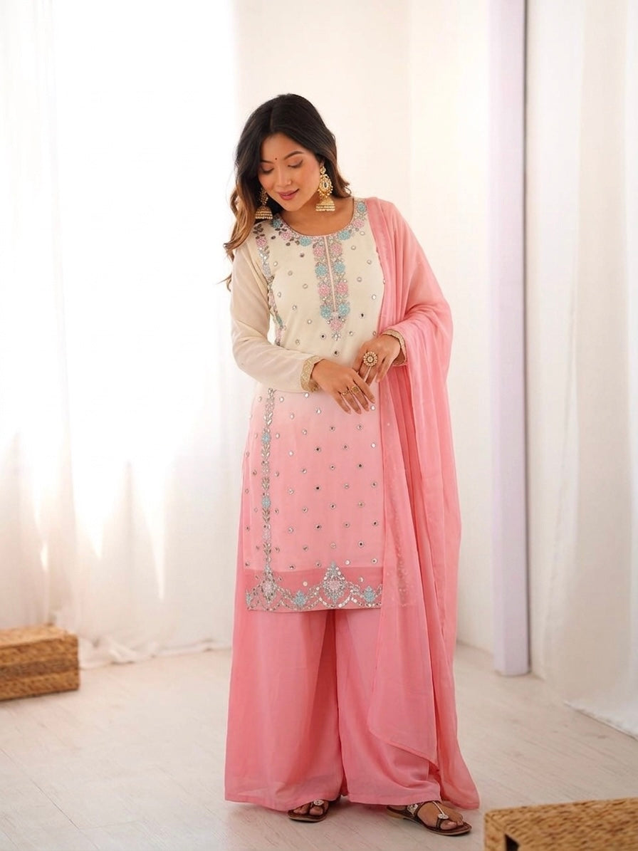 Women's Heavy Faux Georgette Embroidered Palazzo Suit Set with Dupatta
