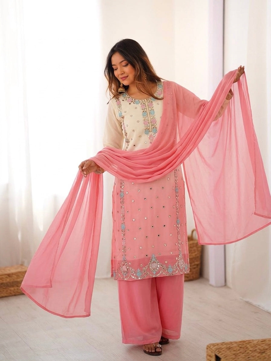 Women's Heavy Faux Georgette Embroidered Palazzo Suit Set with Dupatta