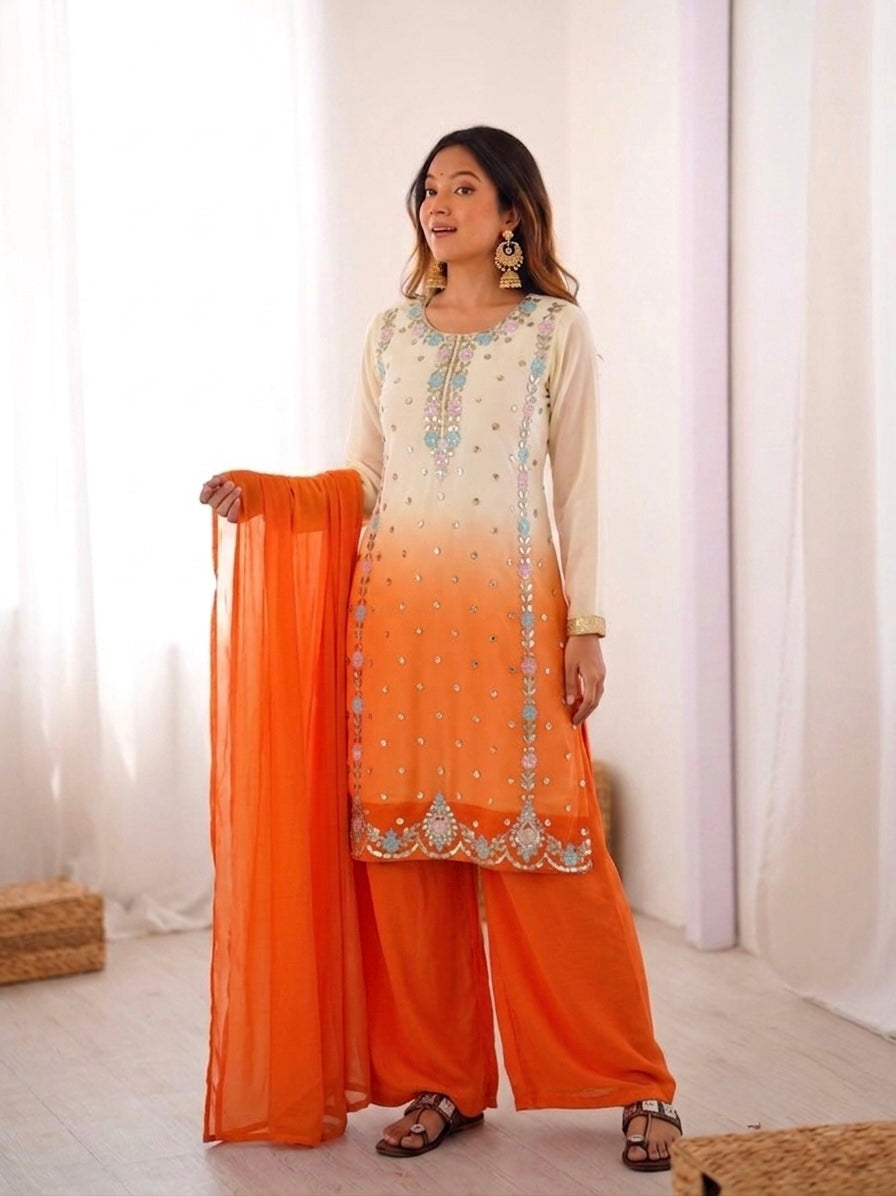 Women's Heavy Faux Georgette Embroidered Palazzo Suit Set with Dupatta