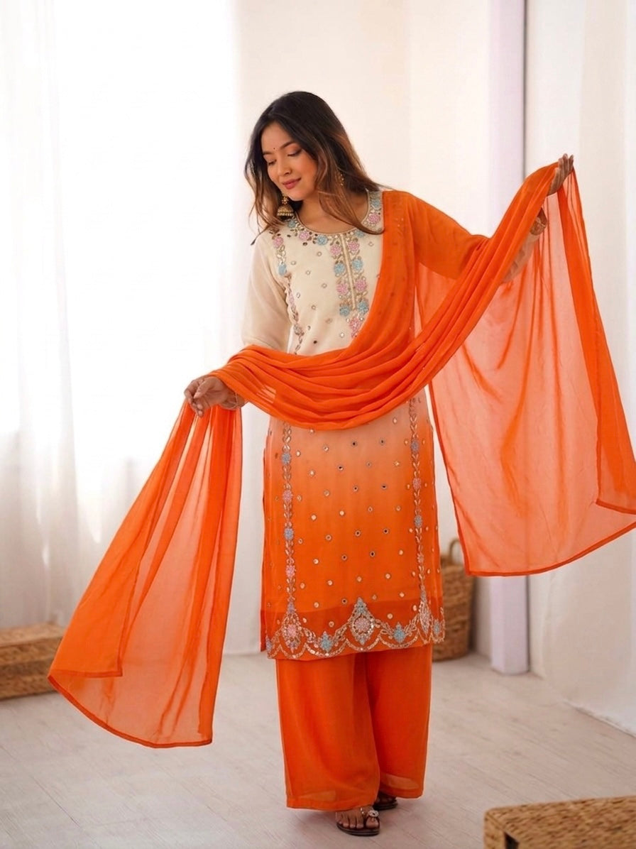 Women's Heavy Faux Georgette Embroidered Palazzo Suit Set with Dupatta