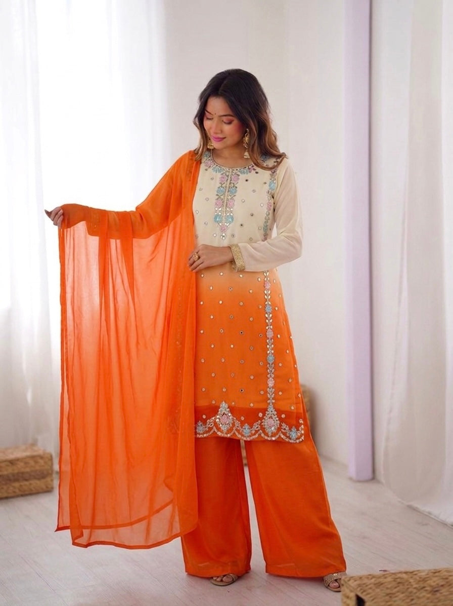 Women's Heavy Faux Georgette Embroidered Palazzo Suit Set with Dupatta