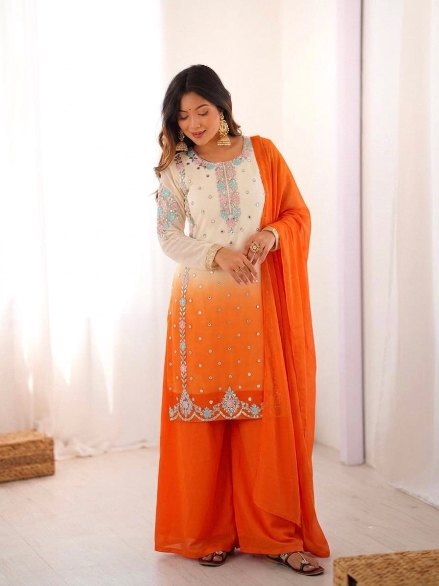 Women's Heavy Faux Georgette Embroidered Palazzo Suit Set with Dupatta