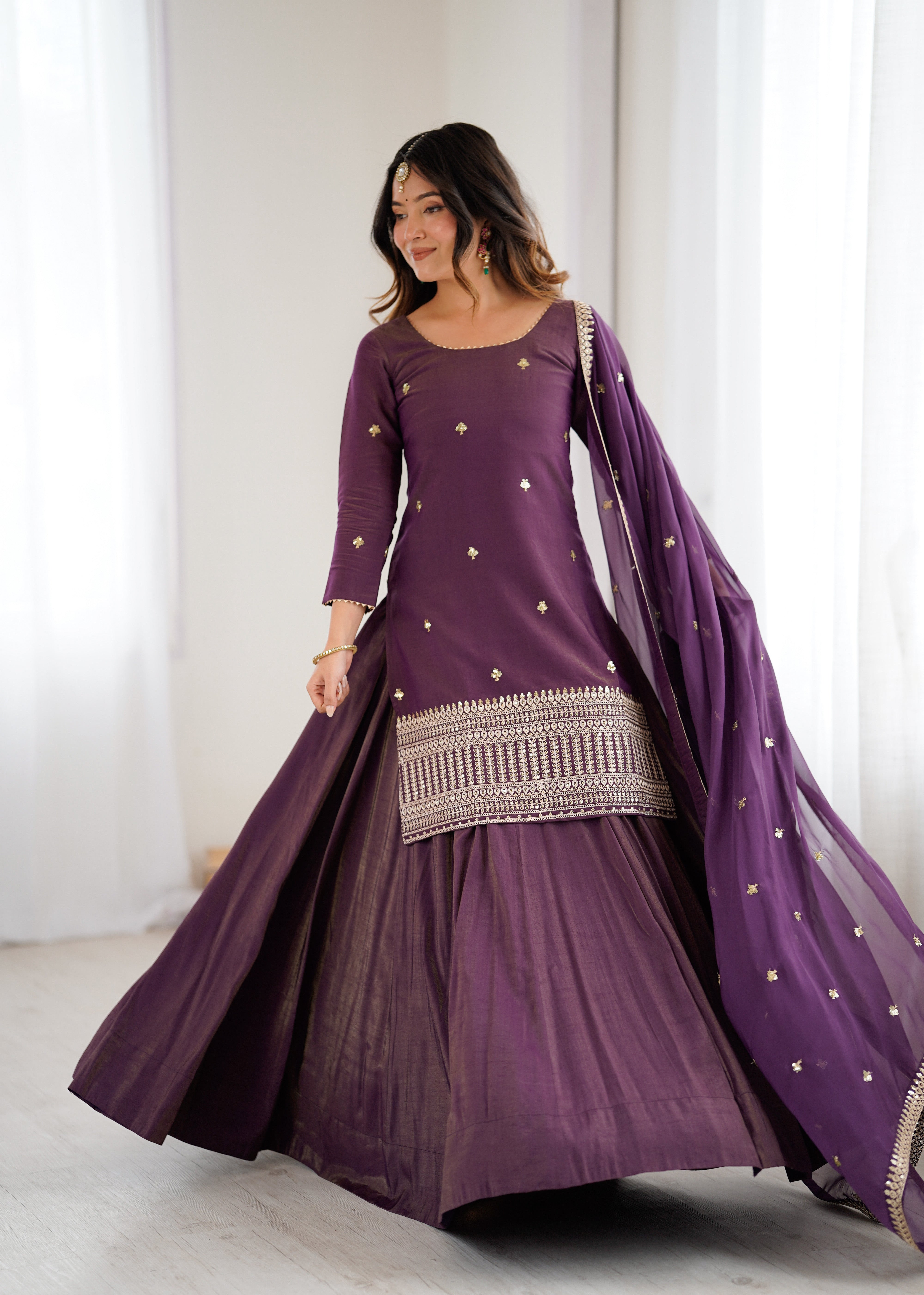 Roman Shimmer Chanderi Silk Kurta with Flared Lehenga and Organza Dupatta Set
