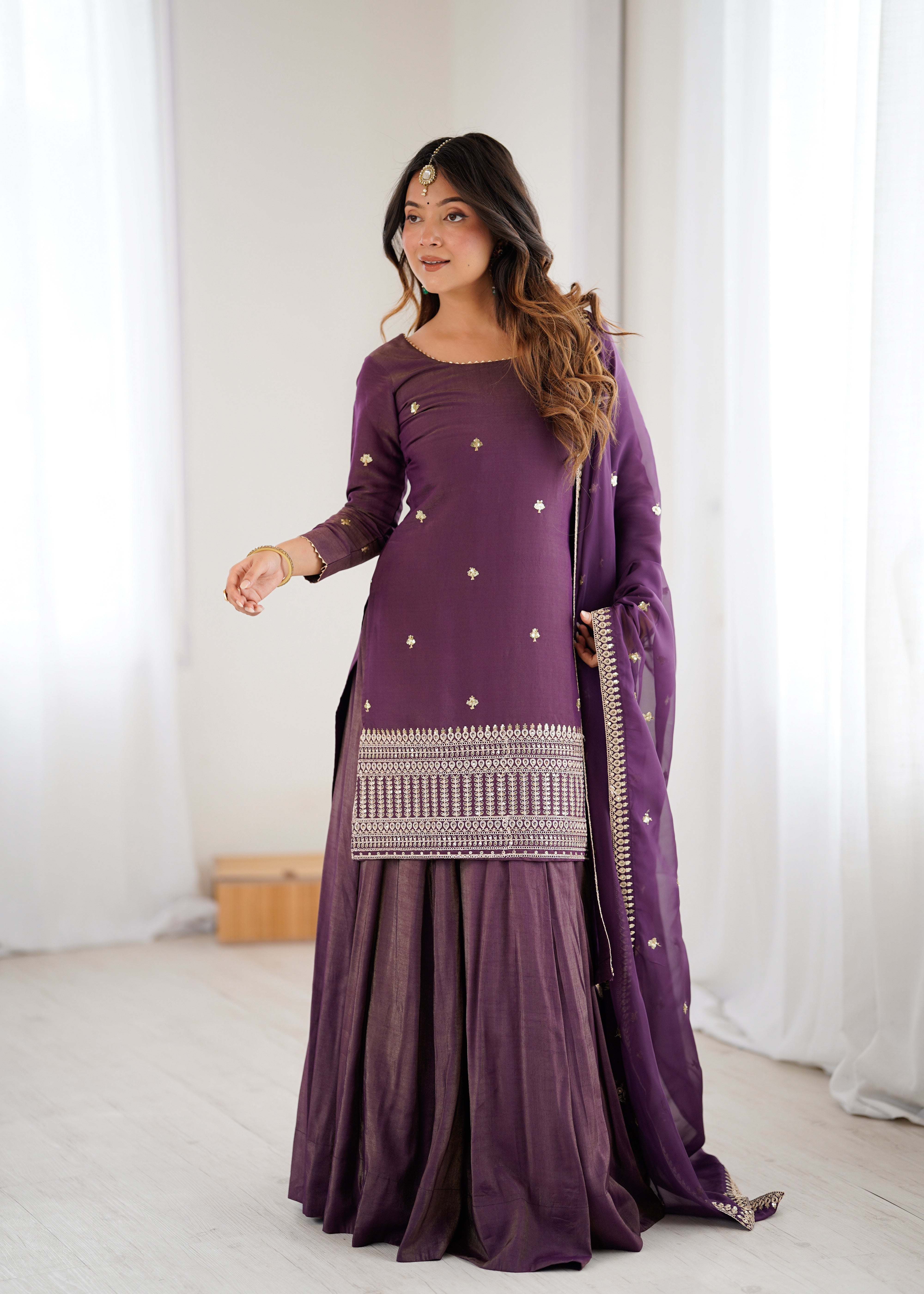 Roman Shimmer Chanderi Silk Kurta with Flared Lehenga and Organza Dupatta Set