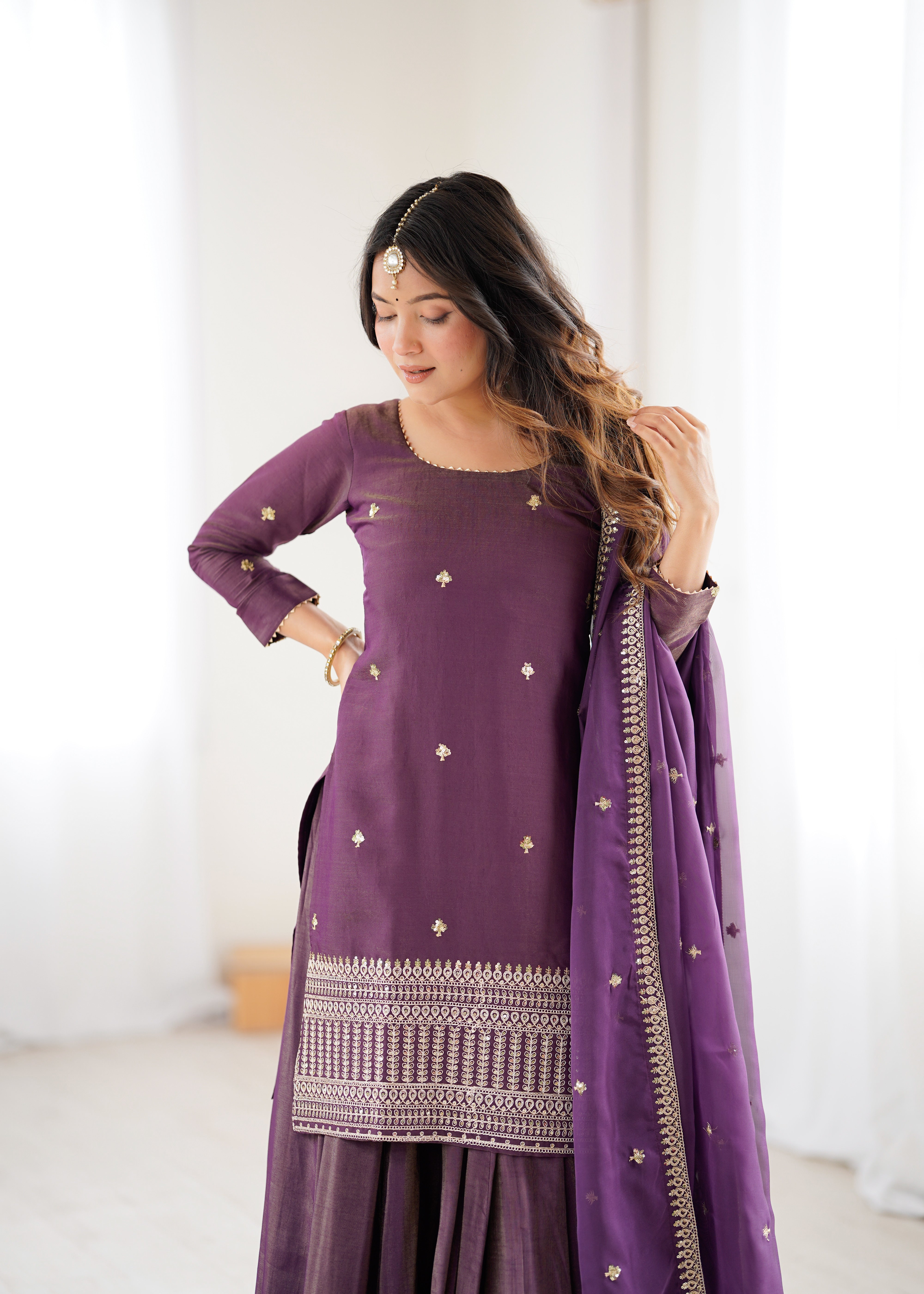 Roman Shimmer Chanderi Silk Kurta with Flared Lehenga and Organza Dupatta Set