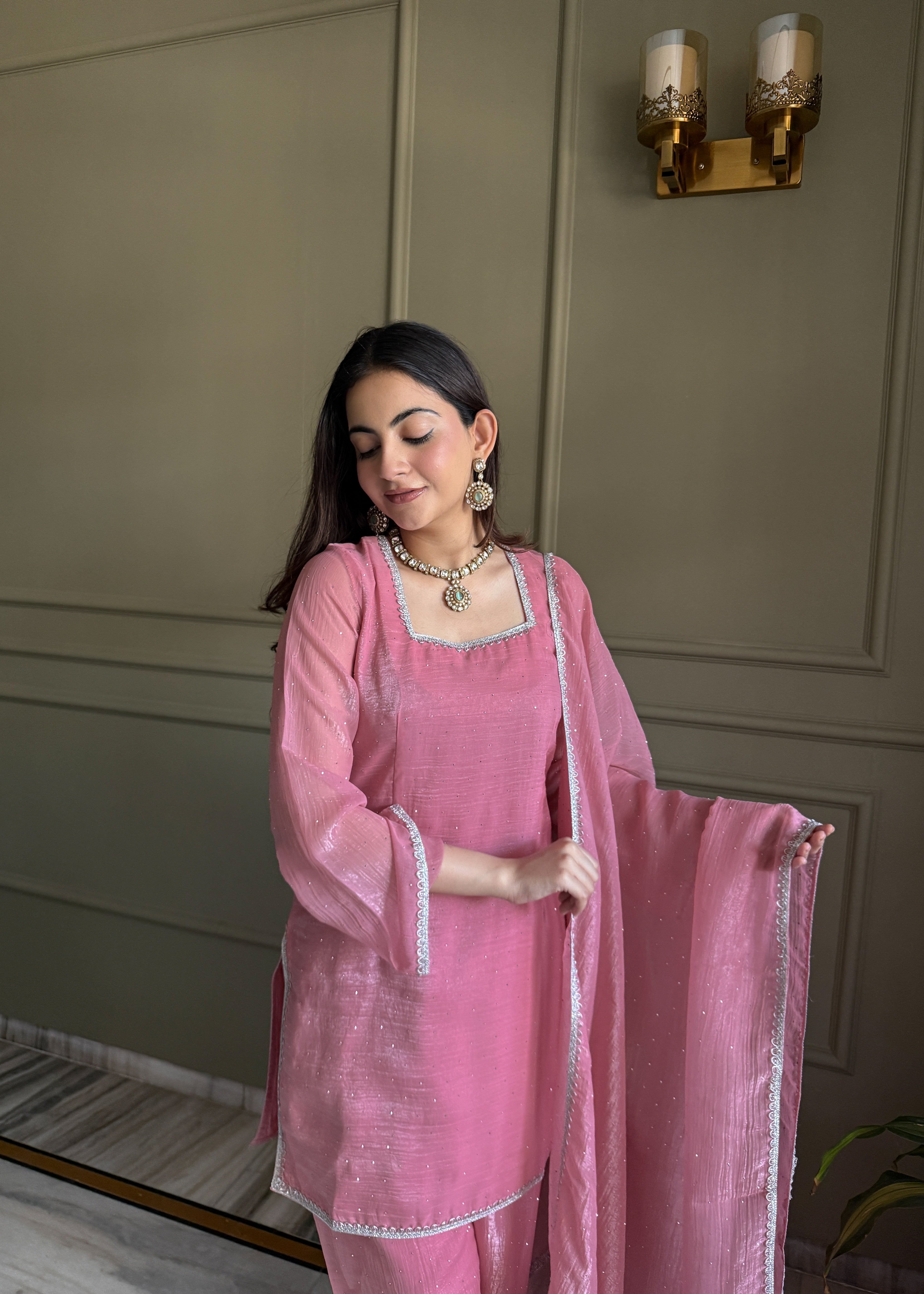 Women's Crunchy Silk Farshi Salwar Kurta Dupatta Set with Swarovski Work