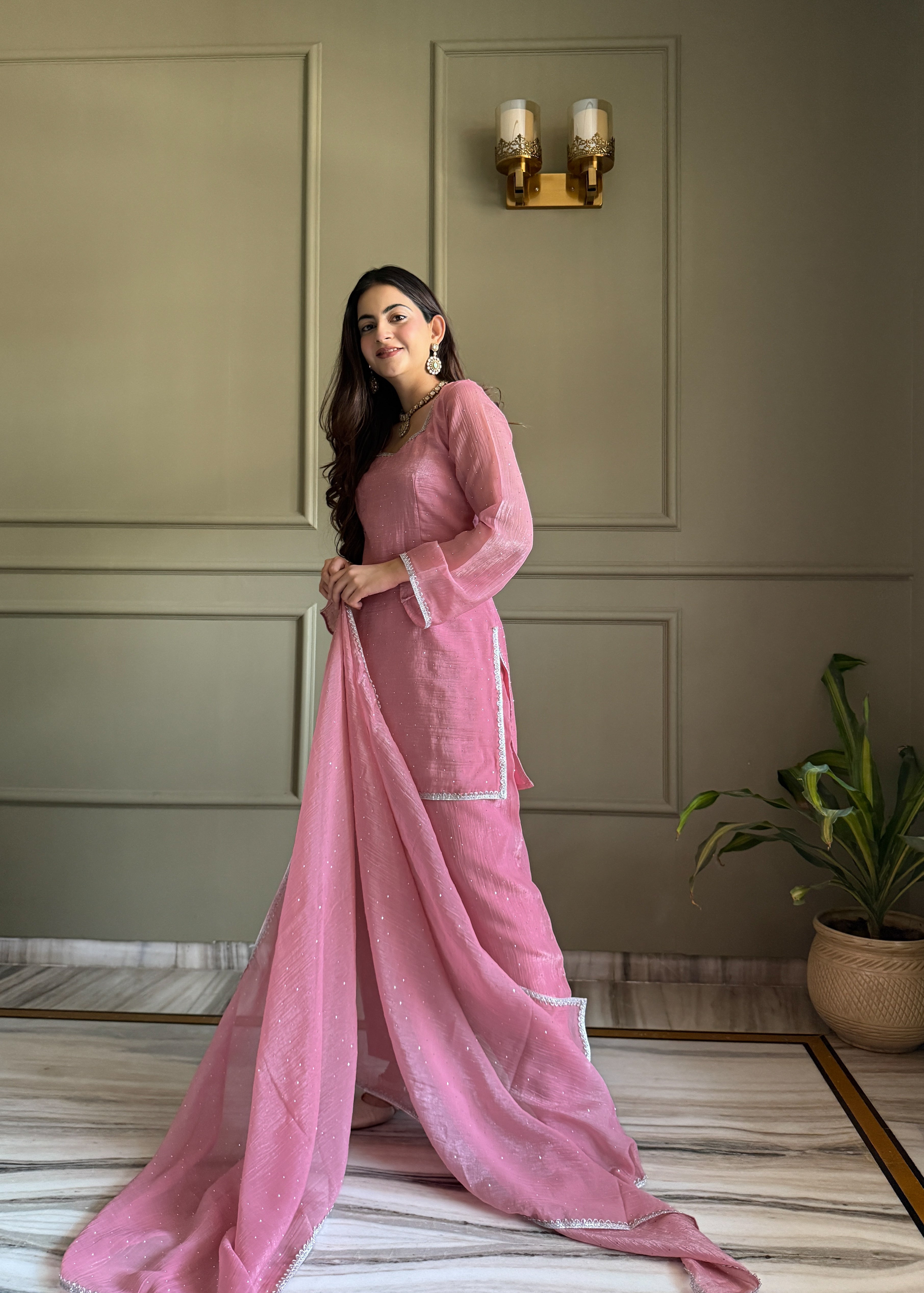 Women's Crunchy Silk Farshi Salwar Kurta Dupatta Set with Swarovski Work