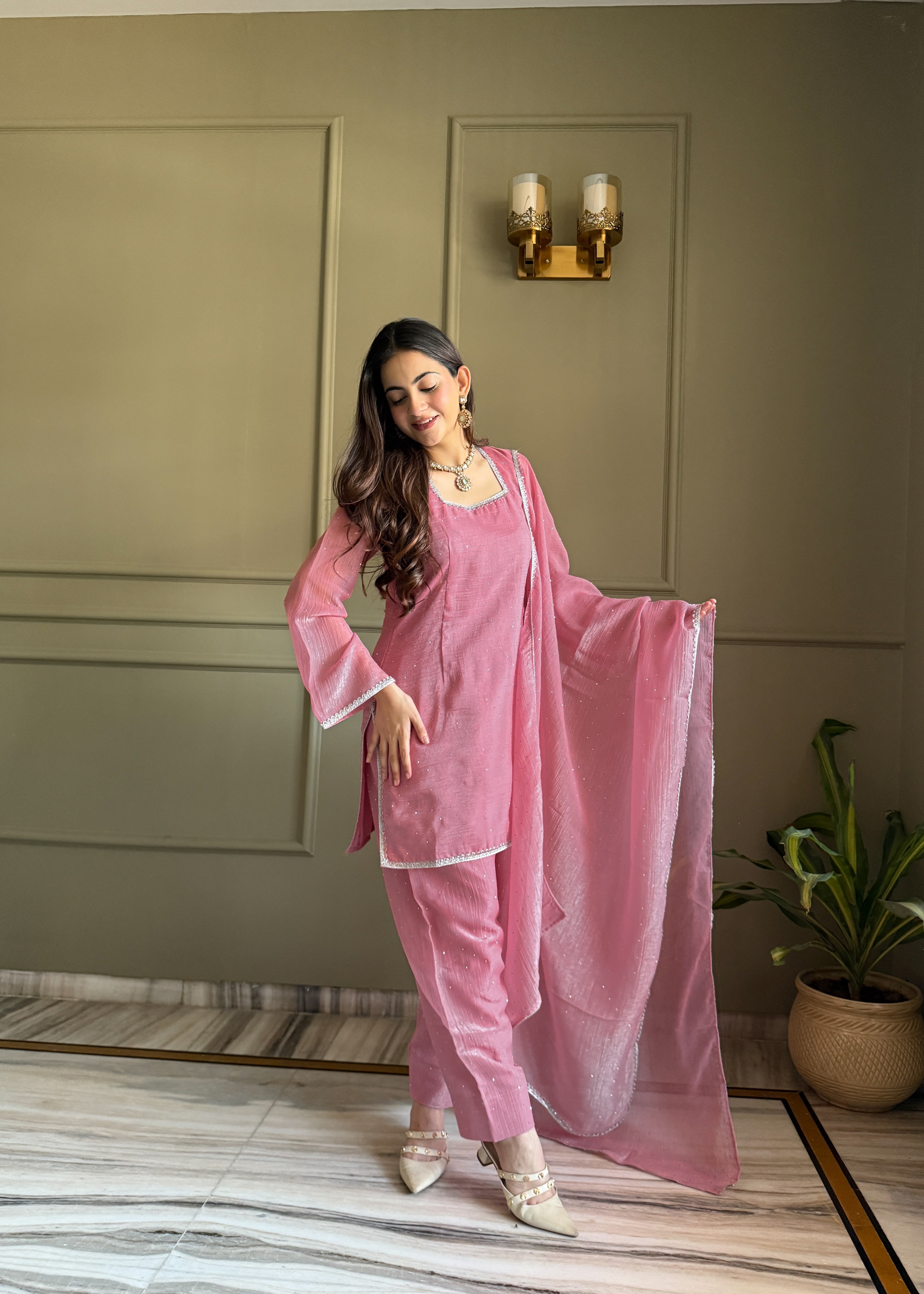 Women's Crunchy Silk Farshi Salwar Kurta Dupatta Set with Swarovski Work