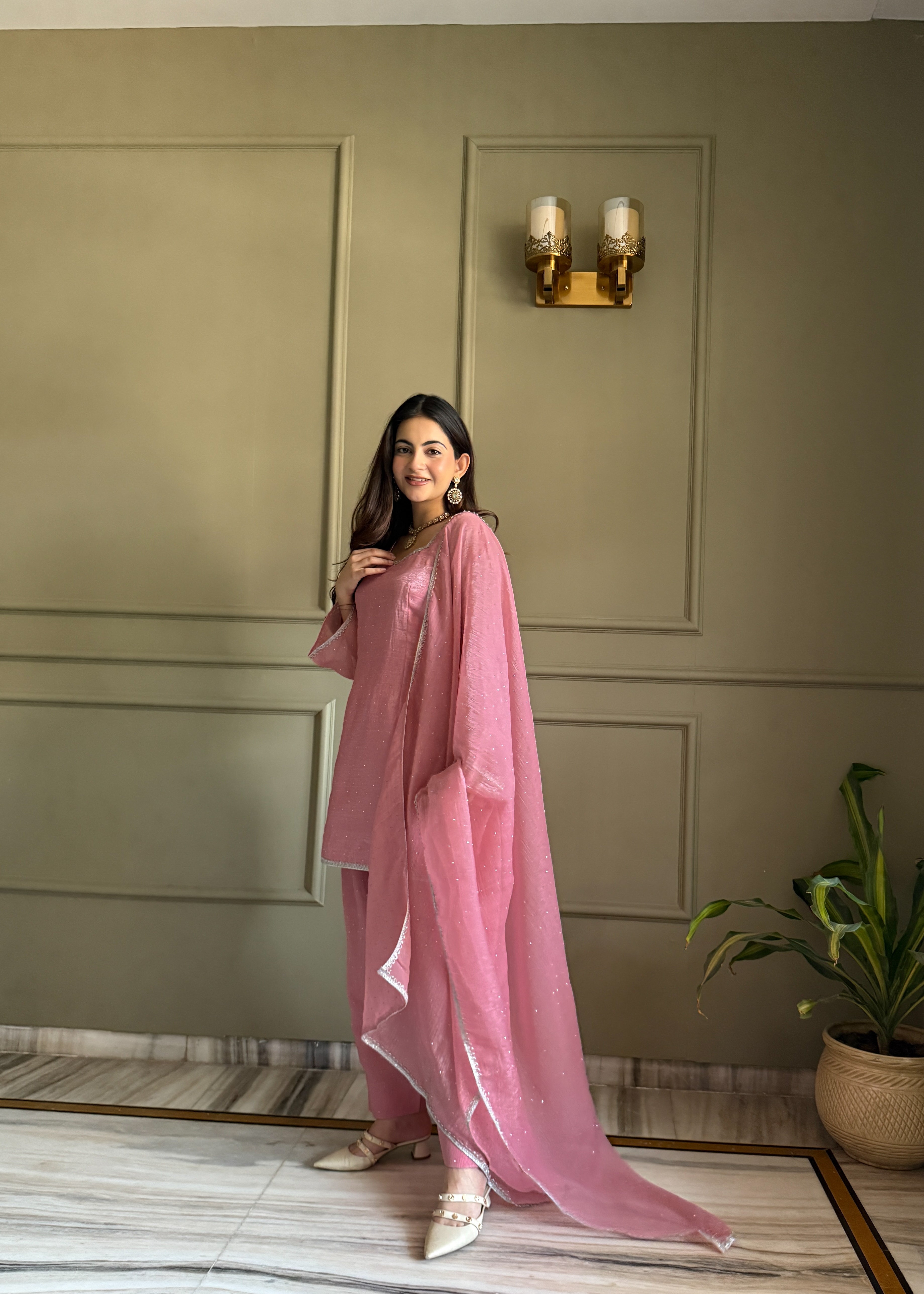 Women's Crunchy Silk Farshi Salwar Kurta Dupatta Set with Swarovski Work