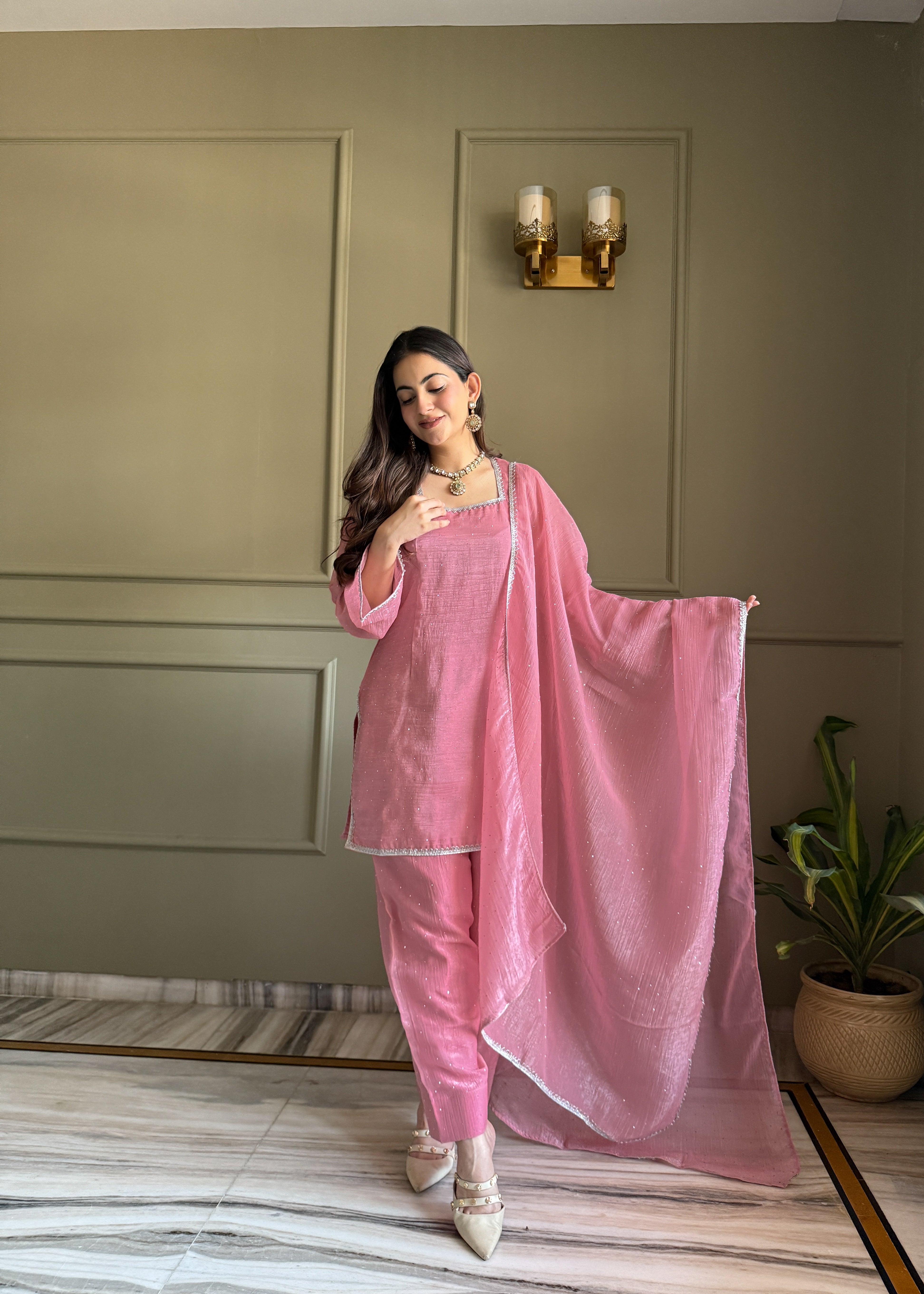 Women's Crunchy Silk Farshi Salwar Kurta Dupatta Set with Swarovski Work