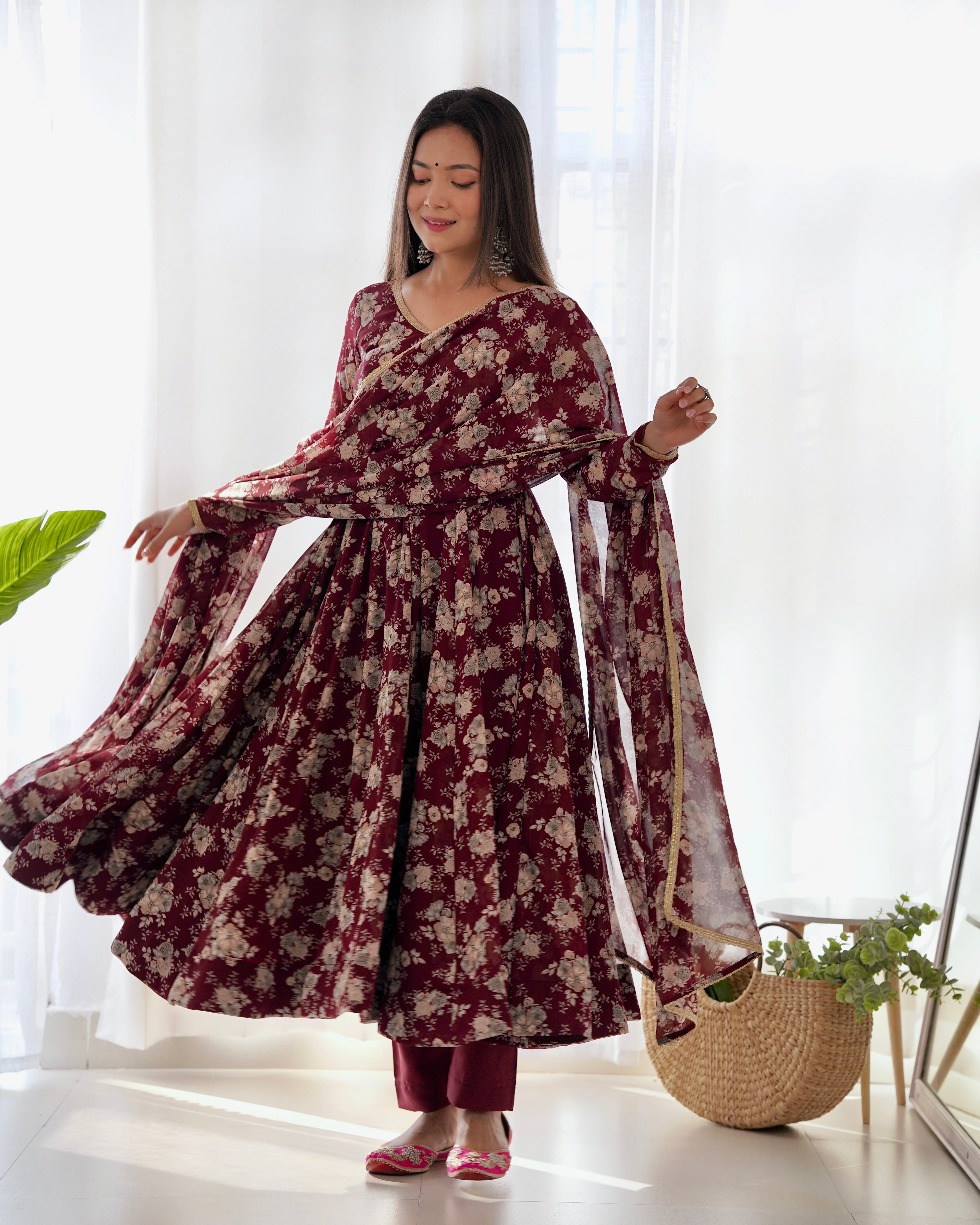 Women's Pure Fox Georgette Multi Floral Print Anarkali Pant Dupatta Set