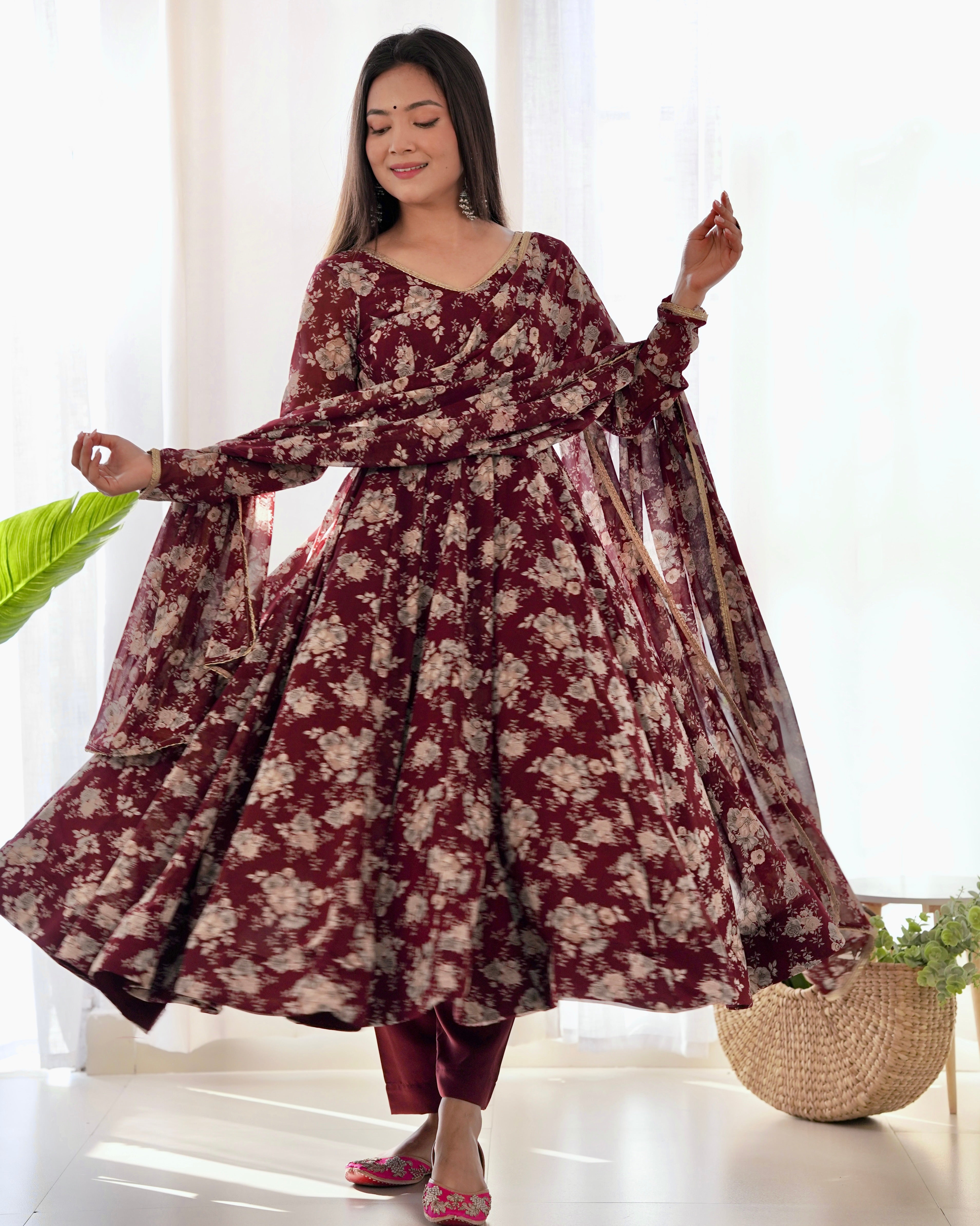 Women's Pure Fox Georgette Multi Floral Print Anarkali Pant Dupatta Set