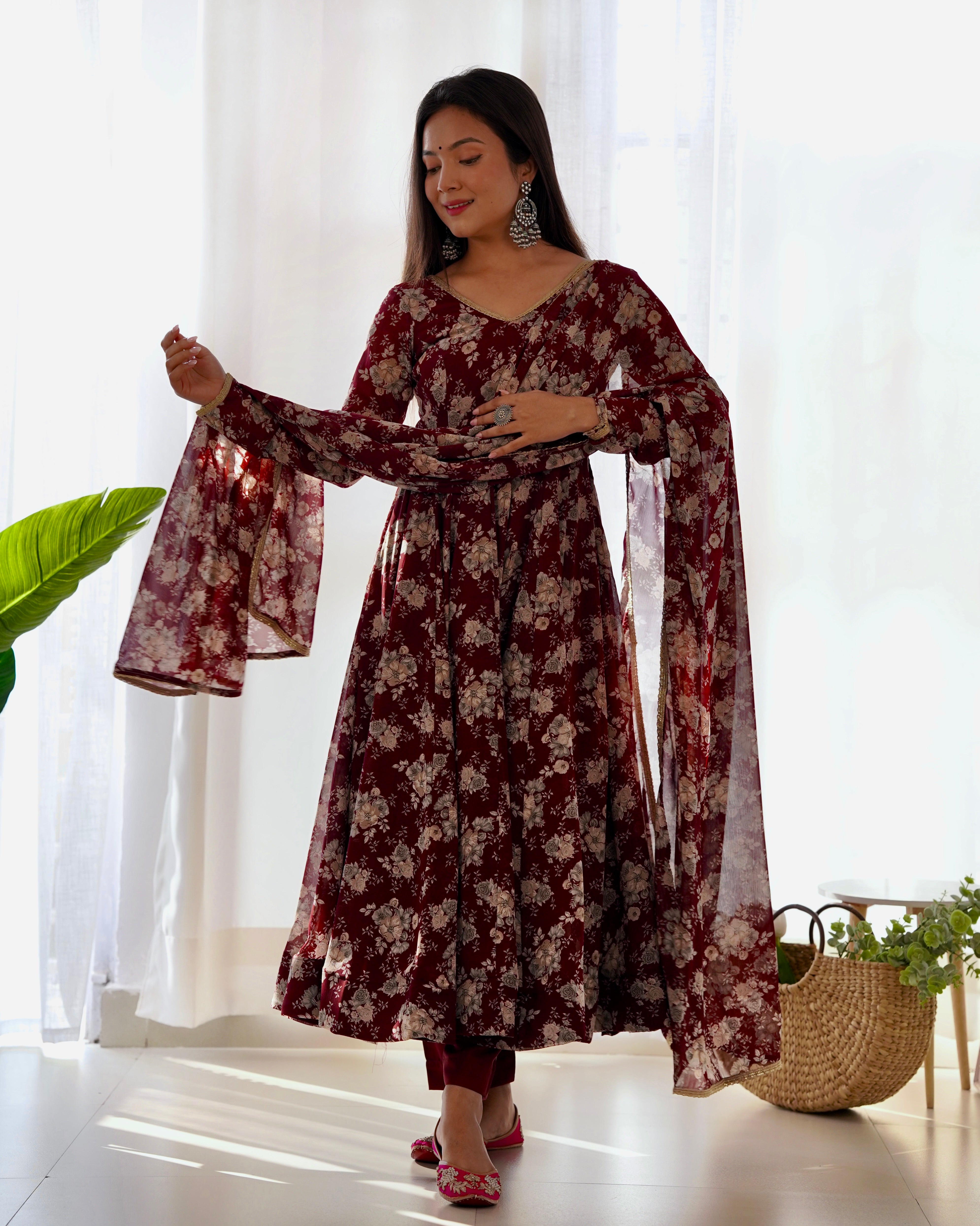 Women's Pure Fox Georgette Multi Floral Print Anarkali Pant Dupatta Set