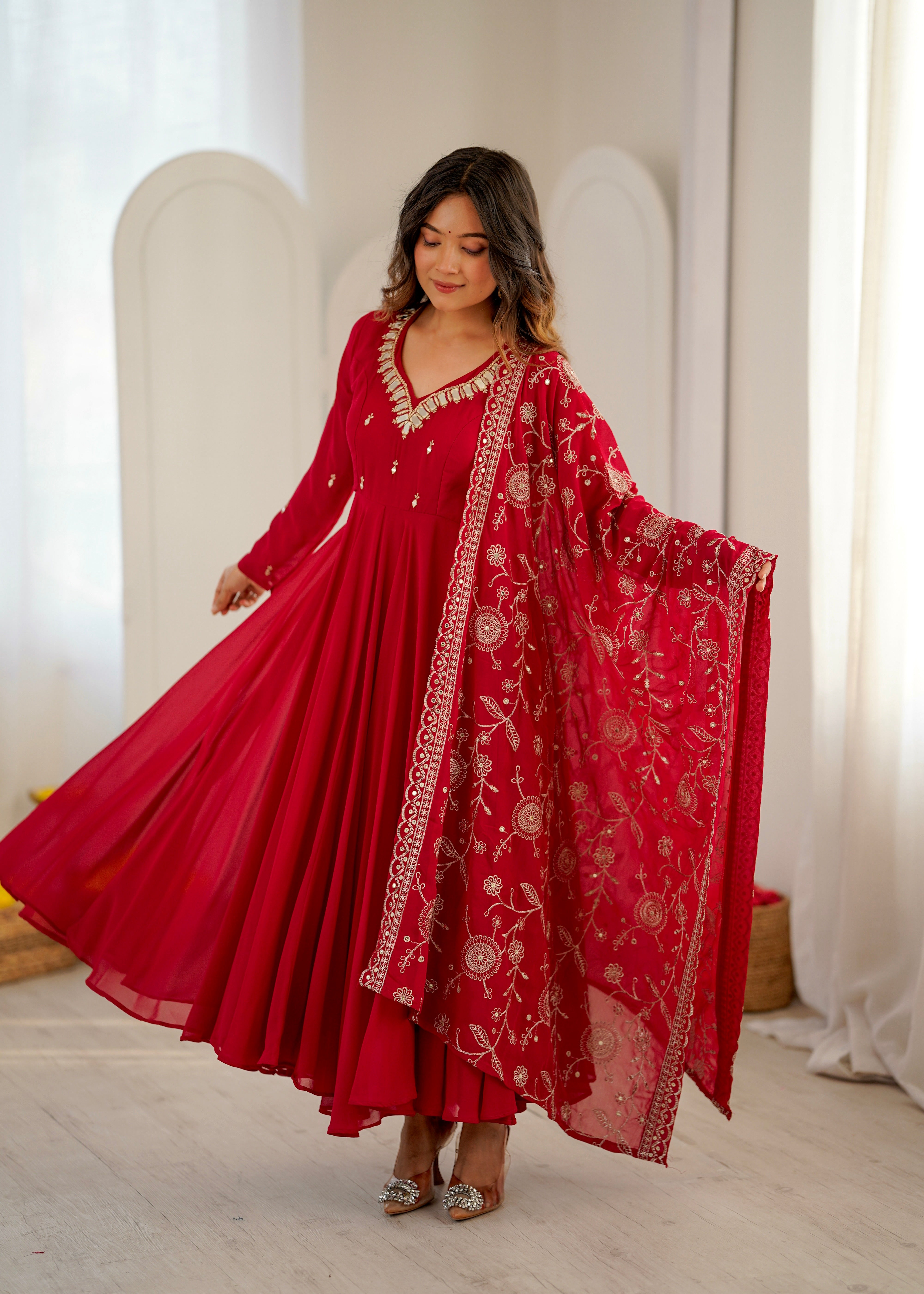 Heavy Faux Georgette Khatli Work Anarkali Gown with Real Mirror Designer Three Piece Set