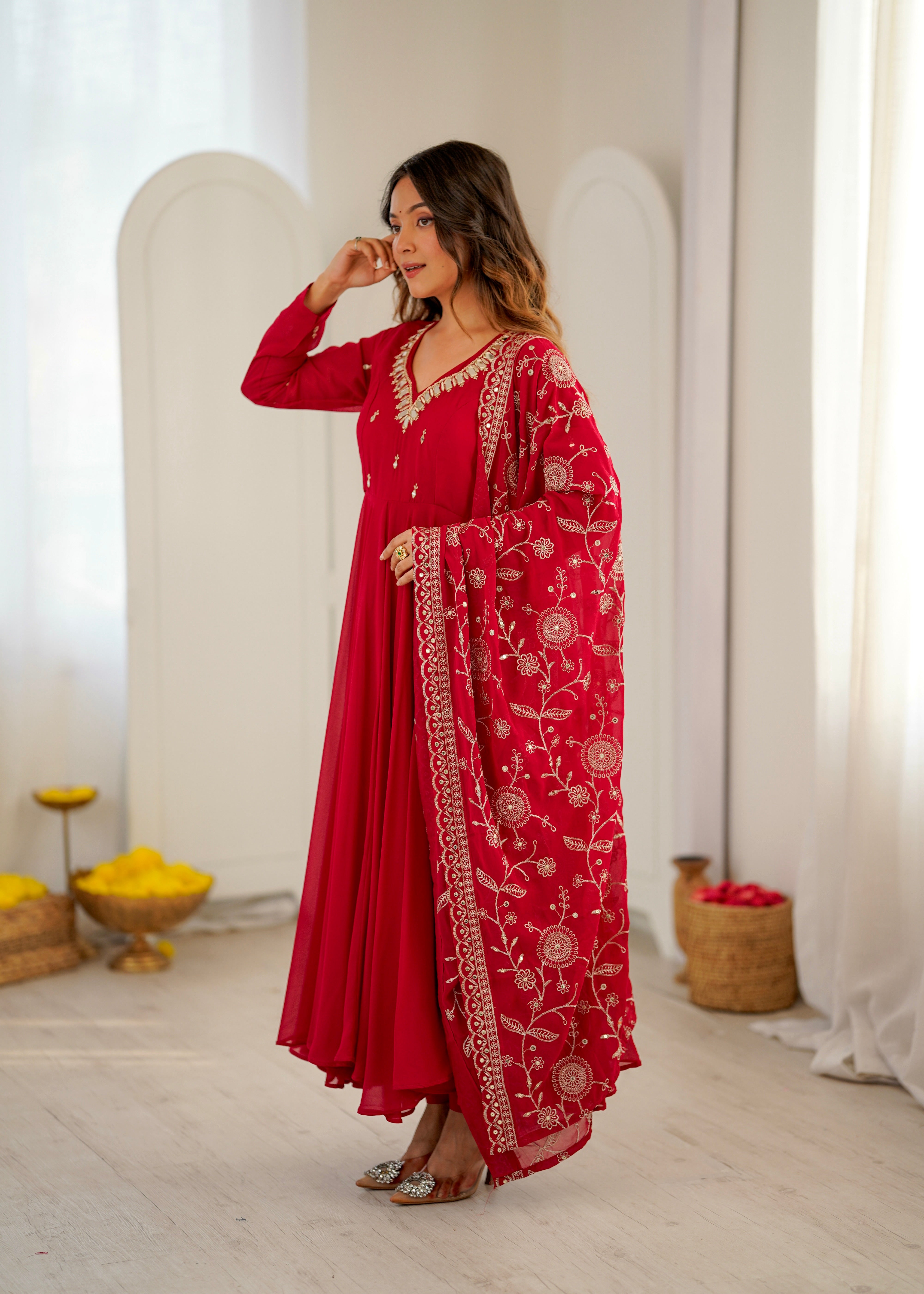 Heavy Faux Georgette Khatli Work Anarkali Gown with Real Mirror Designer Three Piece Set