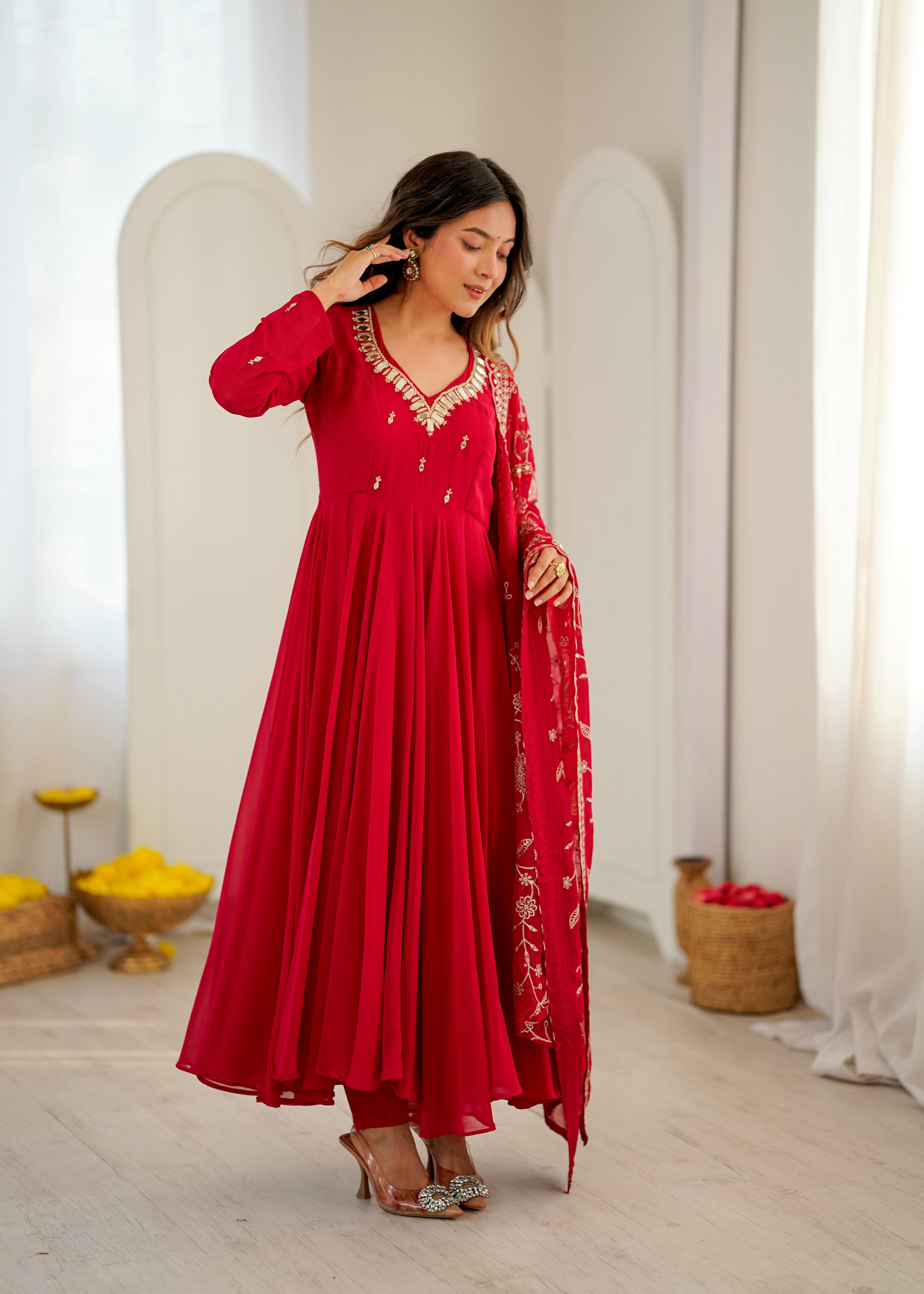 Heavy Faux Georgette Khatli Work Anarkali Gown with Real Mirror Designer Three Piece Set