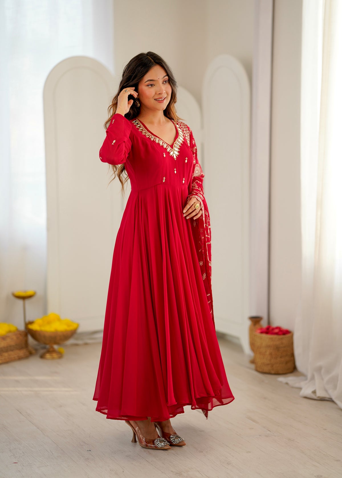 Heavy Faux Georgette Khatli Work Anarkali Gown with Real Mirror Designer Three Piece Set