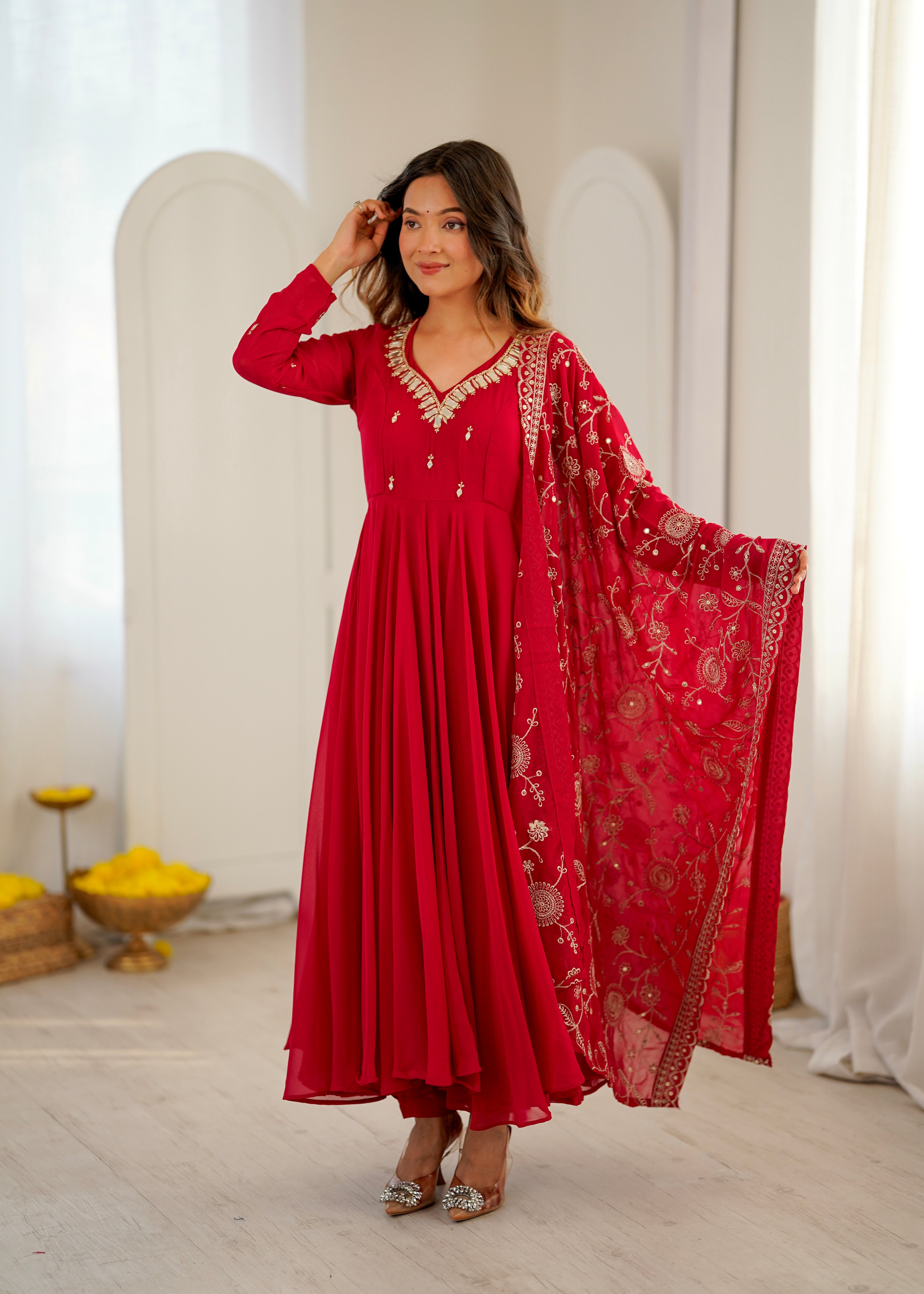 Heavy Faux Georgette Khatli Work Anarkali Gown with Real Mirror Designer Three Piece Set