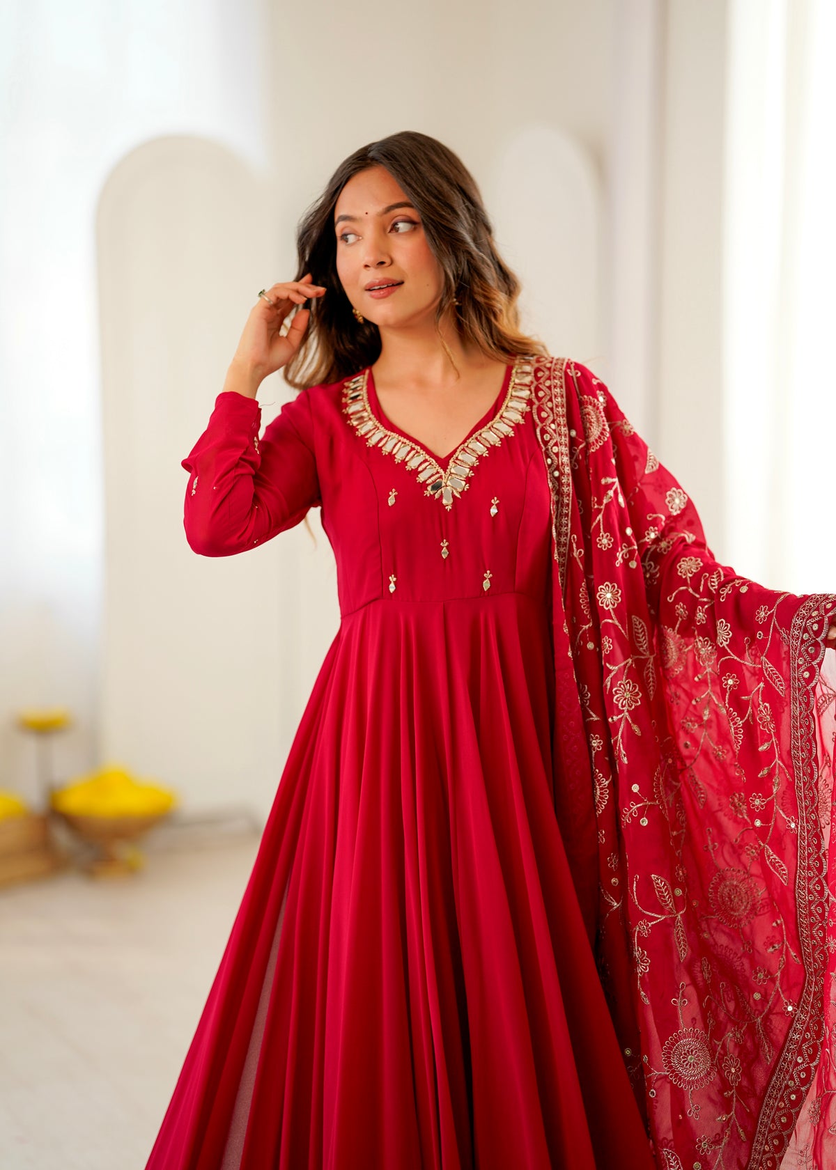 Heavy Faux Georgette Khatli Work Anarkali Gown with Real Mirror Designer Three Piece Set