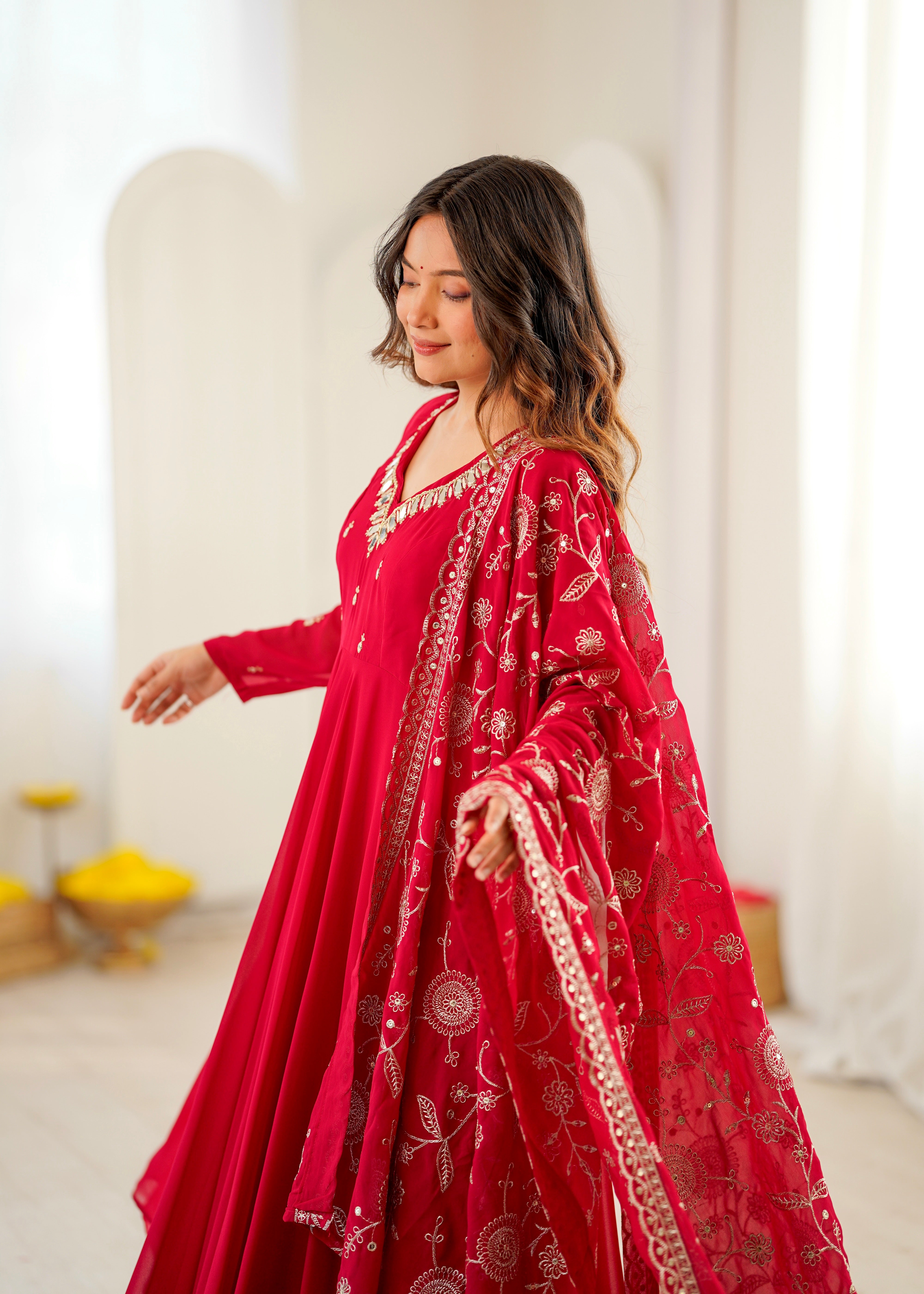 Heavy Faux Georgette Khatli Work Anarkali Gown with Real Mirror Designer Three Piece Set