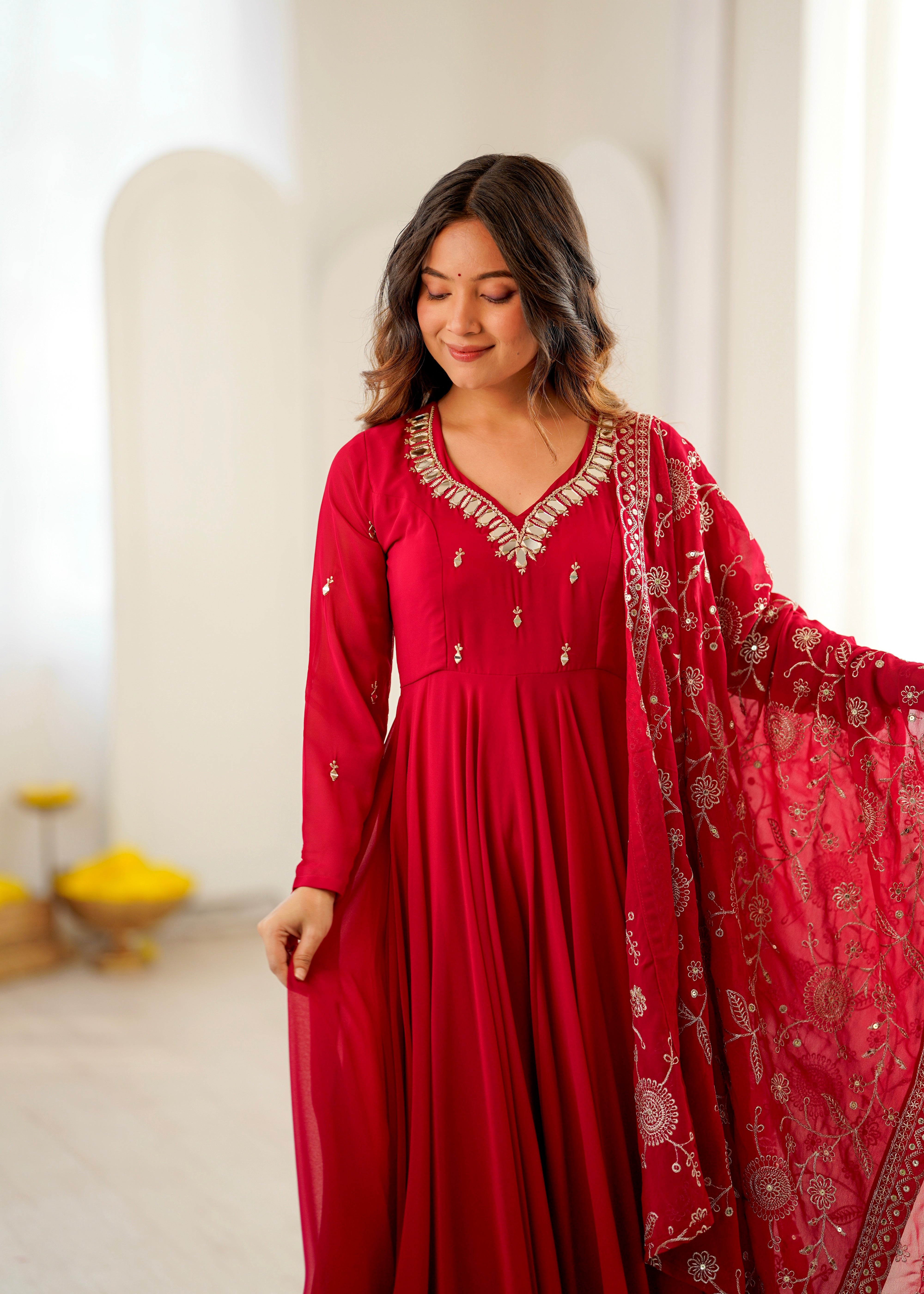 Heavy Faux Georgette Khatli Work Anarkali Gown with Real Mirror Designer Three Piece Set