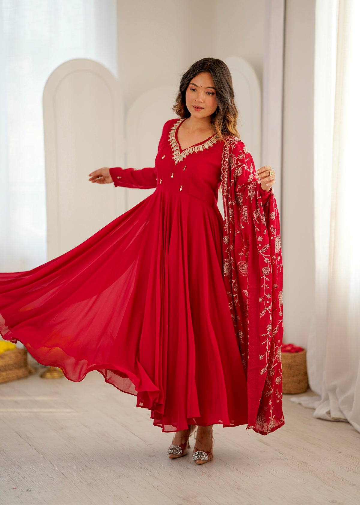 Heavy Faux Georgette Khatli Work Anarkali Gown with Real Mirror Designer Three Piece Set