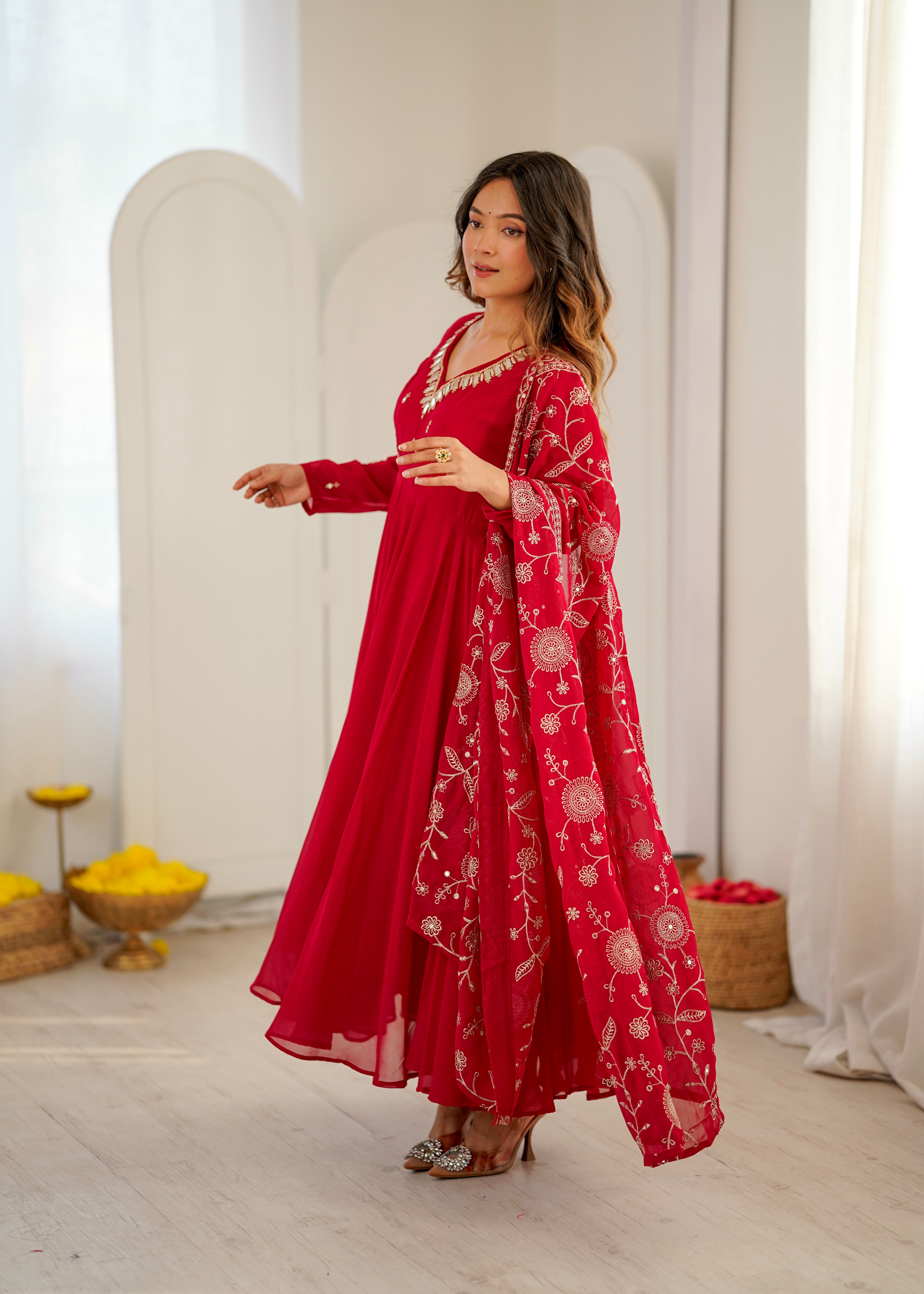 Heavy Faux Georgette Khatli Work Anarkali Gown with Real Mirror Designer Three Piece Set
