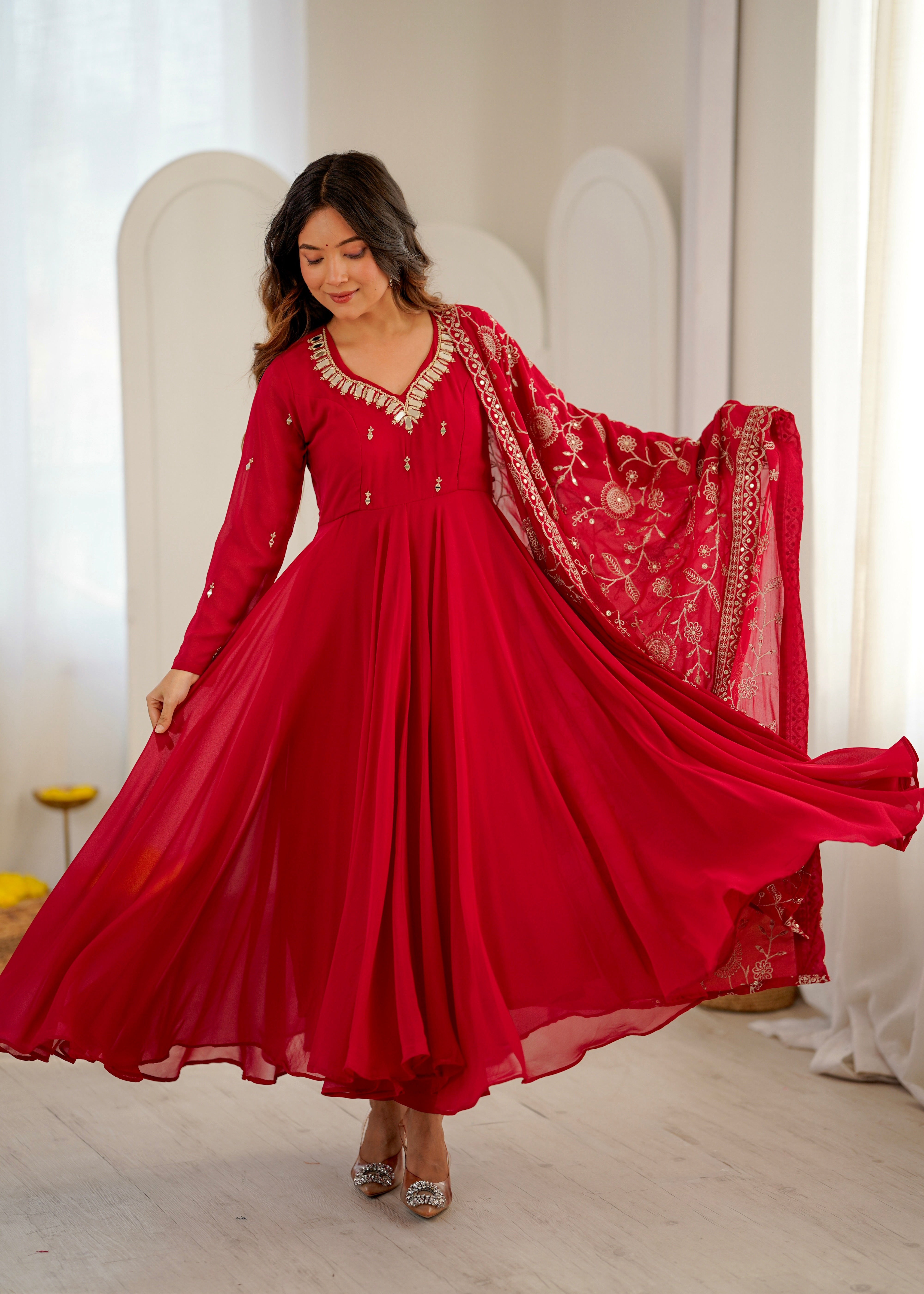 Heavy Faux Georgette Khatli Work Anarkali Gown with Real Mirror Designer Three Piece Set