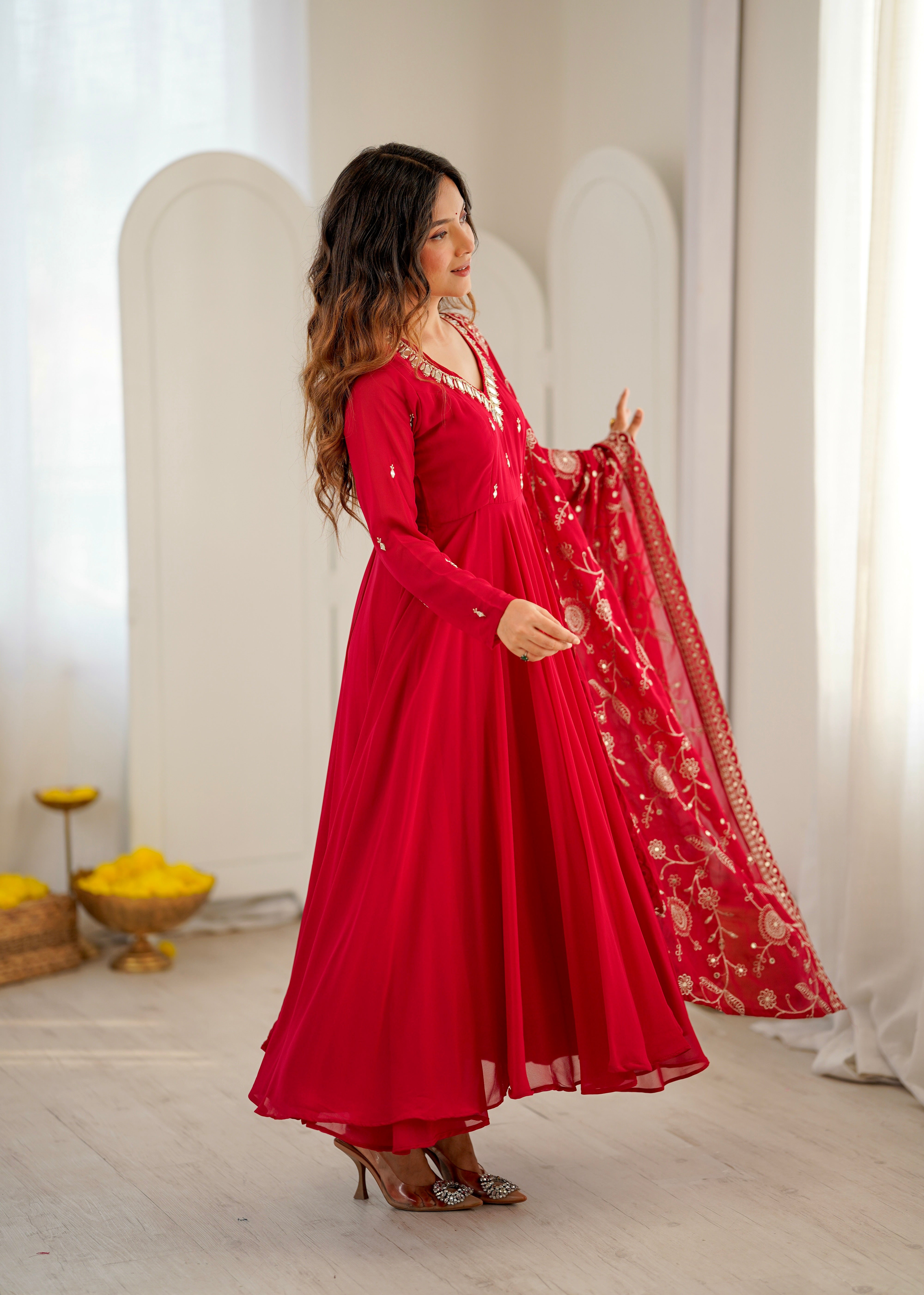 Heavy Faux Georgette Khatli Work Anarkali Gown with Real Mirror Designer Three Piece Set