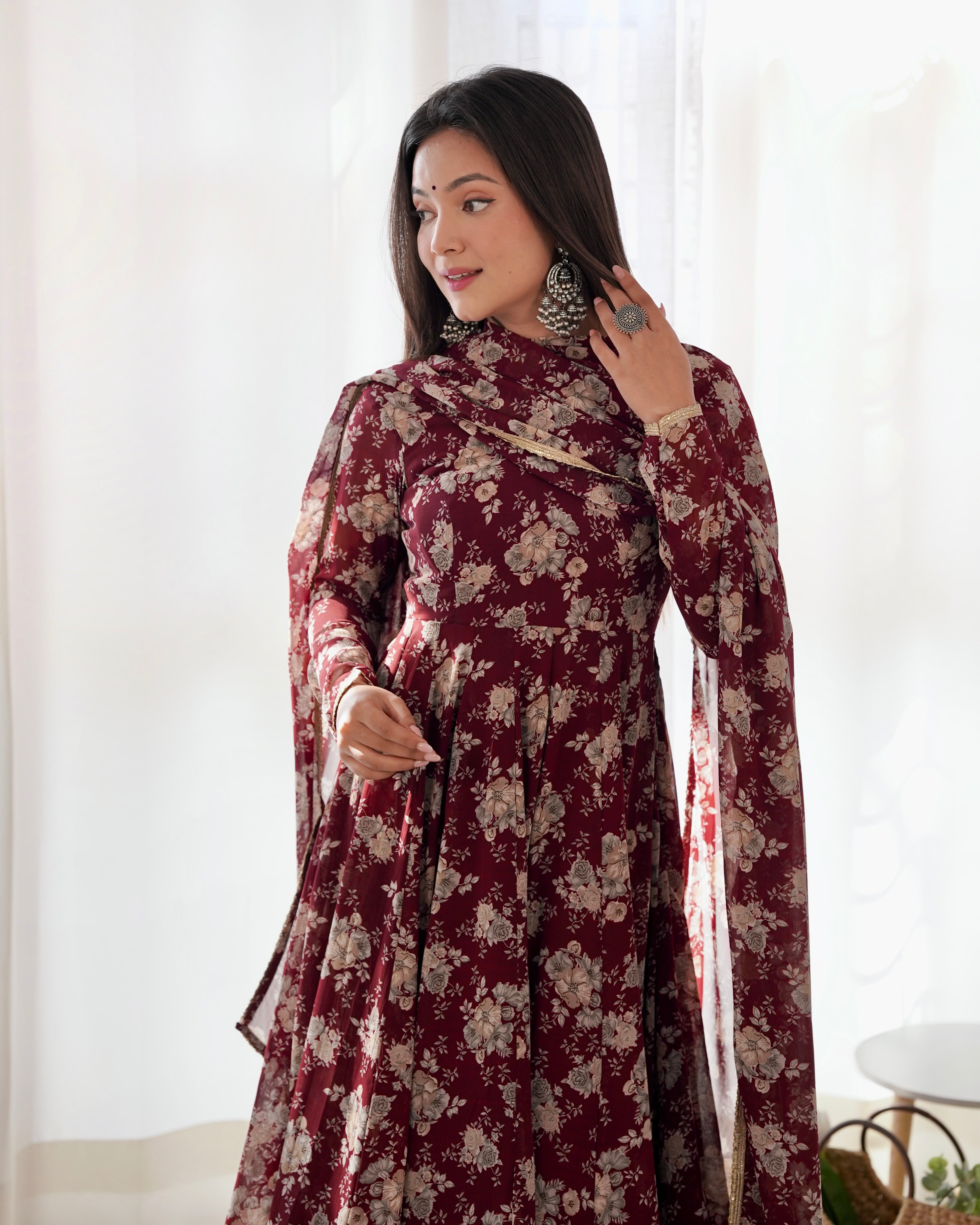 Women's Pure Fox Georgette Multi Floral Print Anarkali Pant Dupatta Set