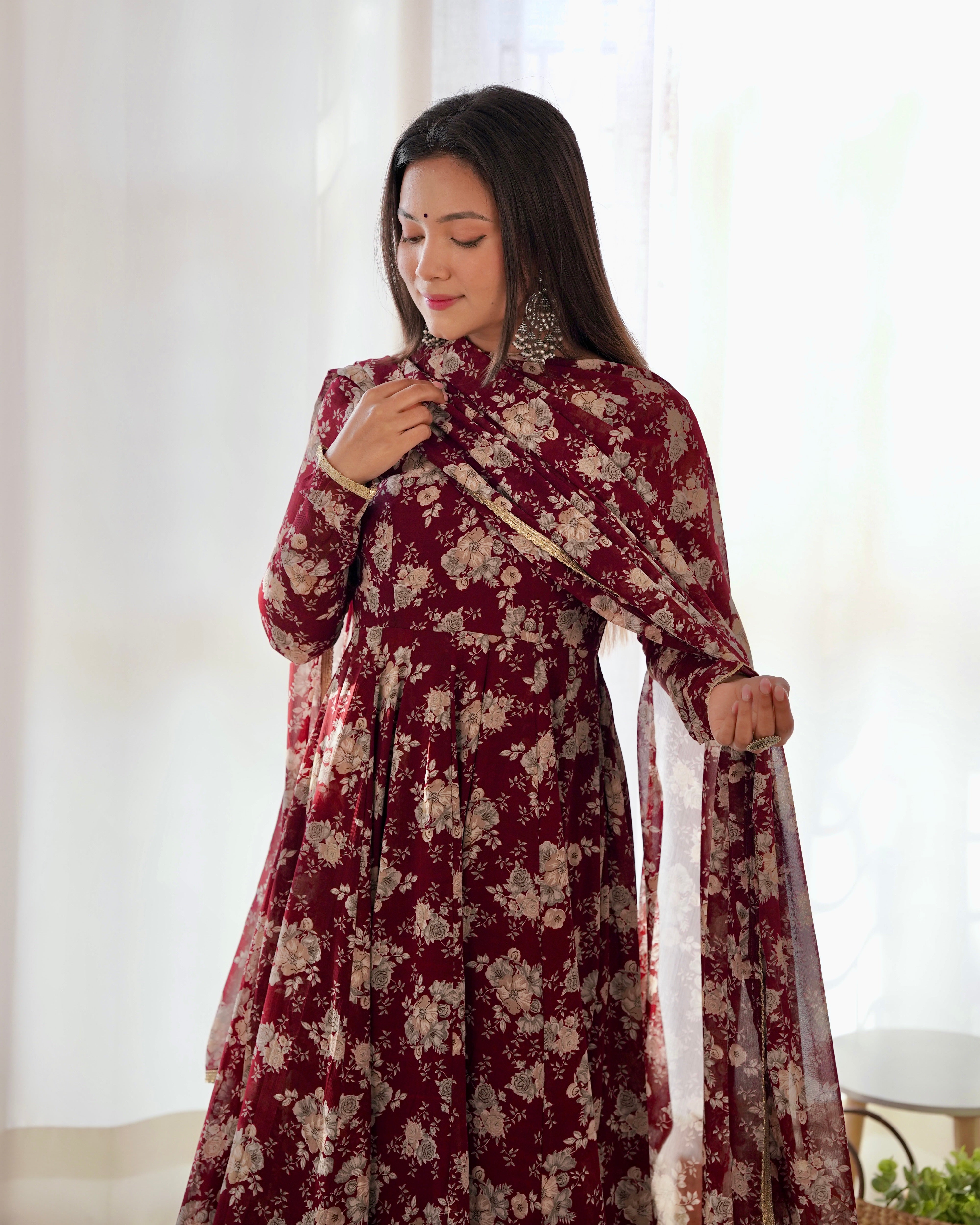 Women's Pure Fox Georgette Multi Floral Print Anarkali Pant Dupatta Set