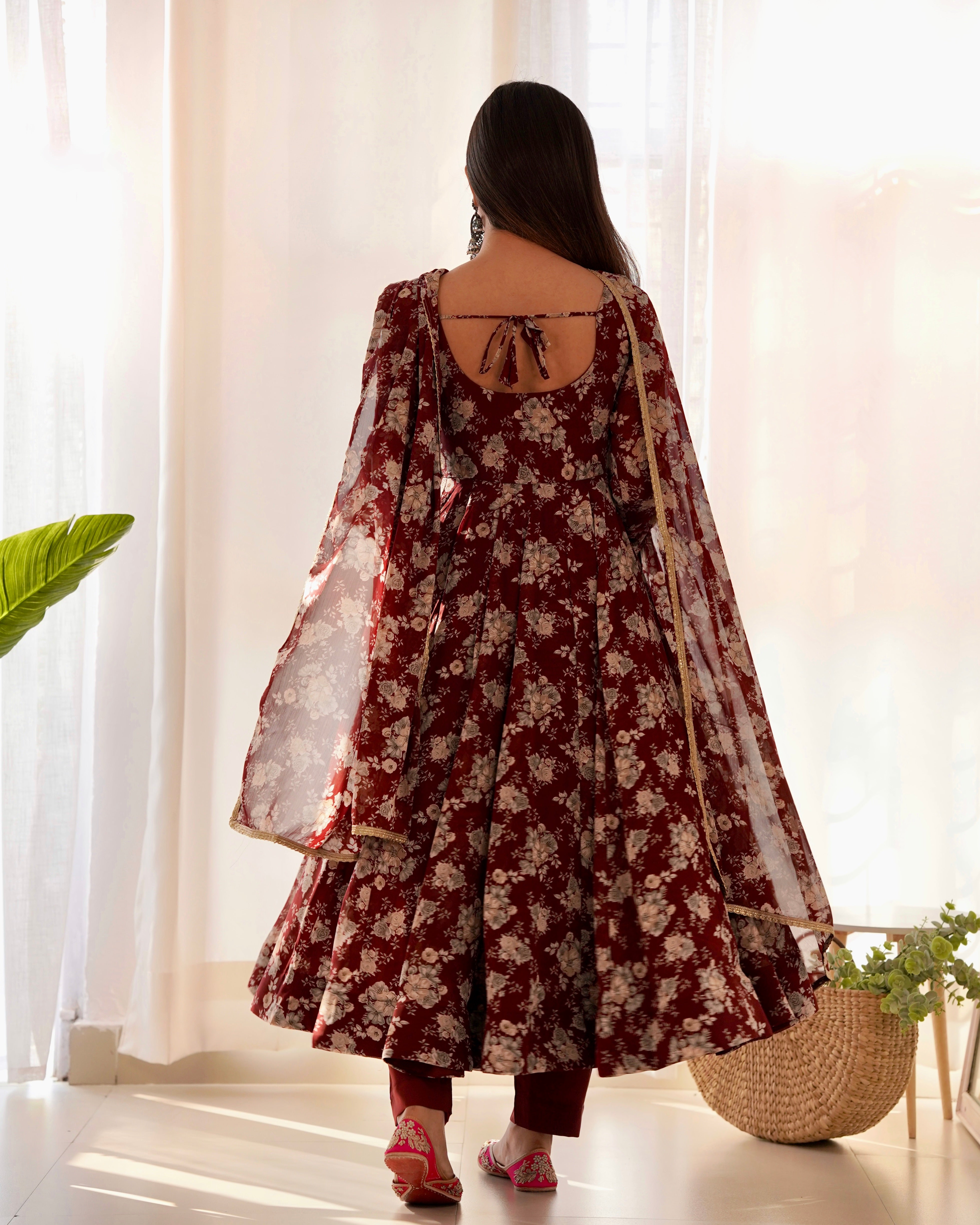 Women's Pure Fox Georgette Multi Floral Print Anarkali Pant Dupatta Set