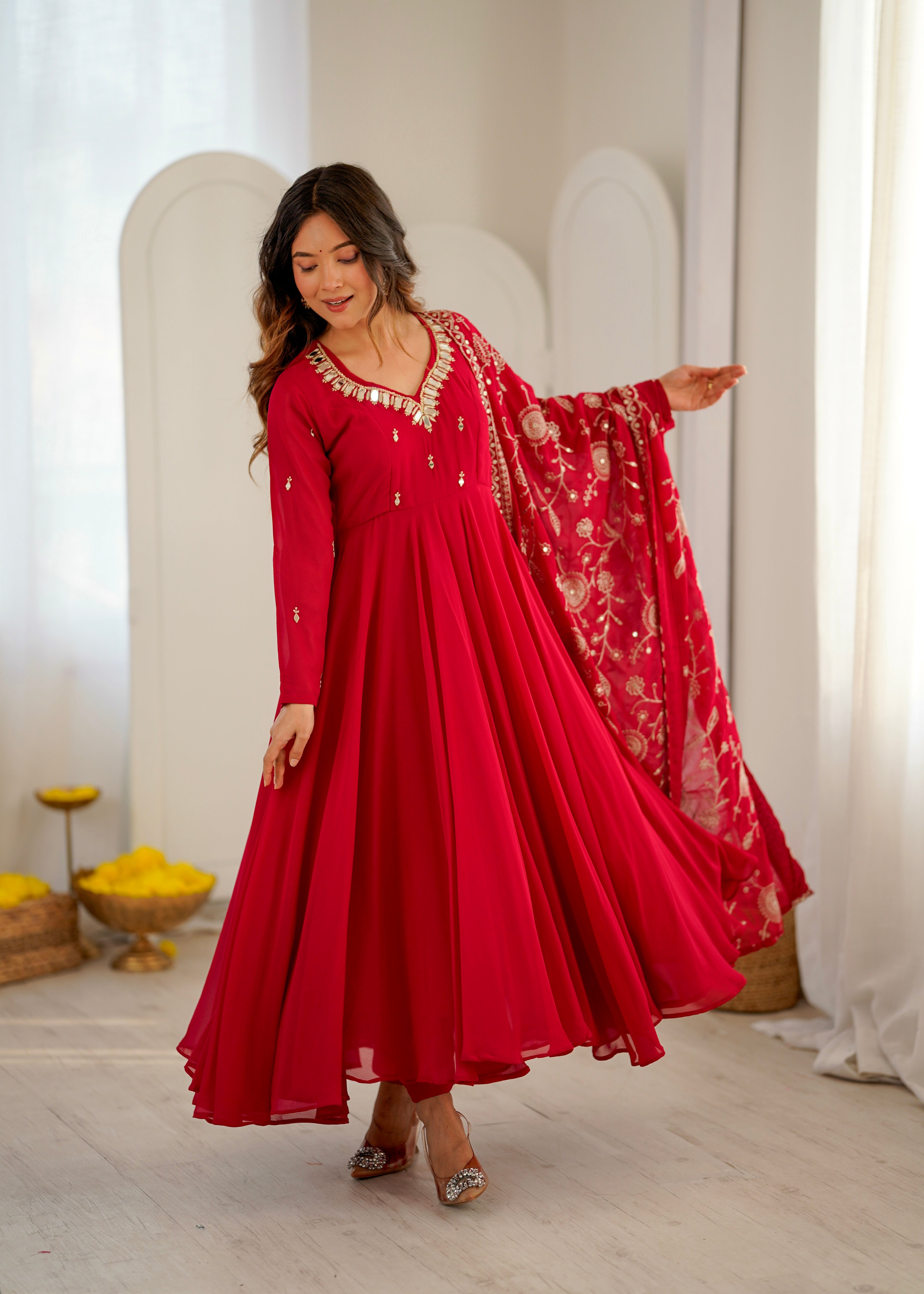 Heavy Faux Georgette Khatli Work Anarkali Gown with Real Mirror Designer Three Piece Set