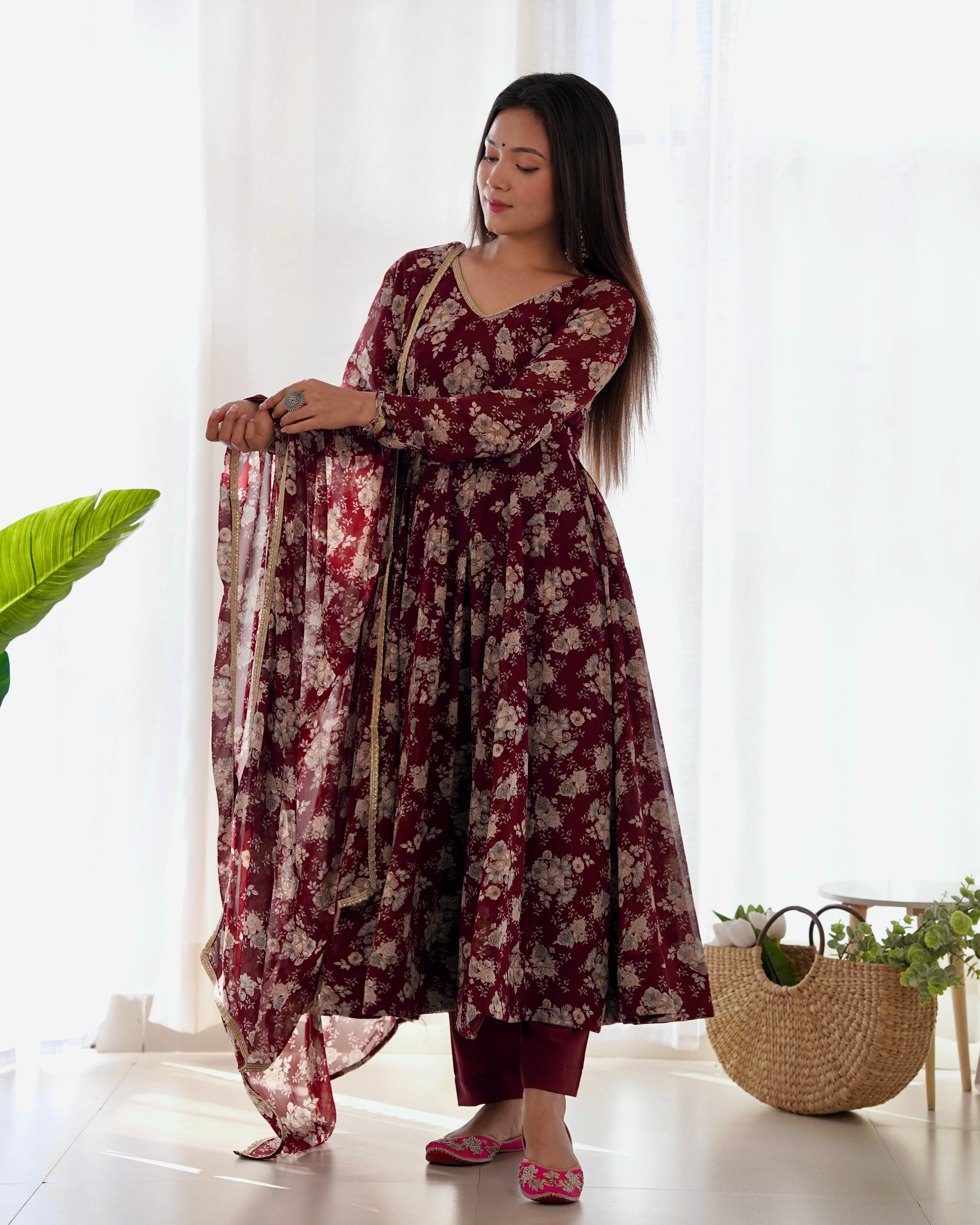 Women's Pure Fox Georgette Multi Floral Print Anarkali Pant Dupatta Set