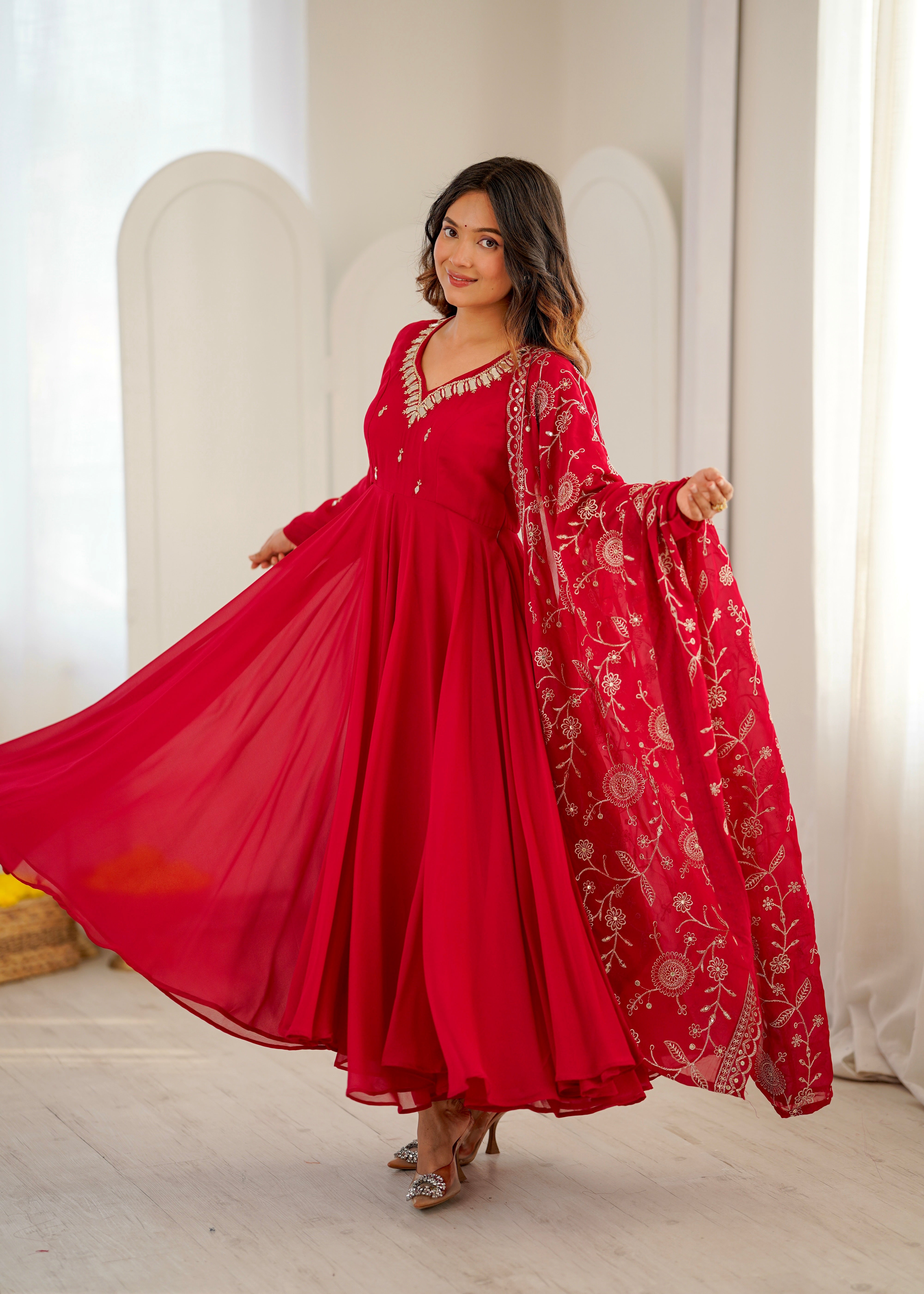 Heavy Faux Georgette Khatli Work Anarkali Gown with Real Mirror Designer Three Piece Set