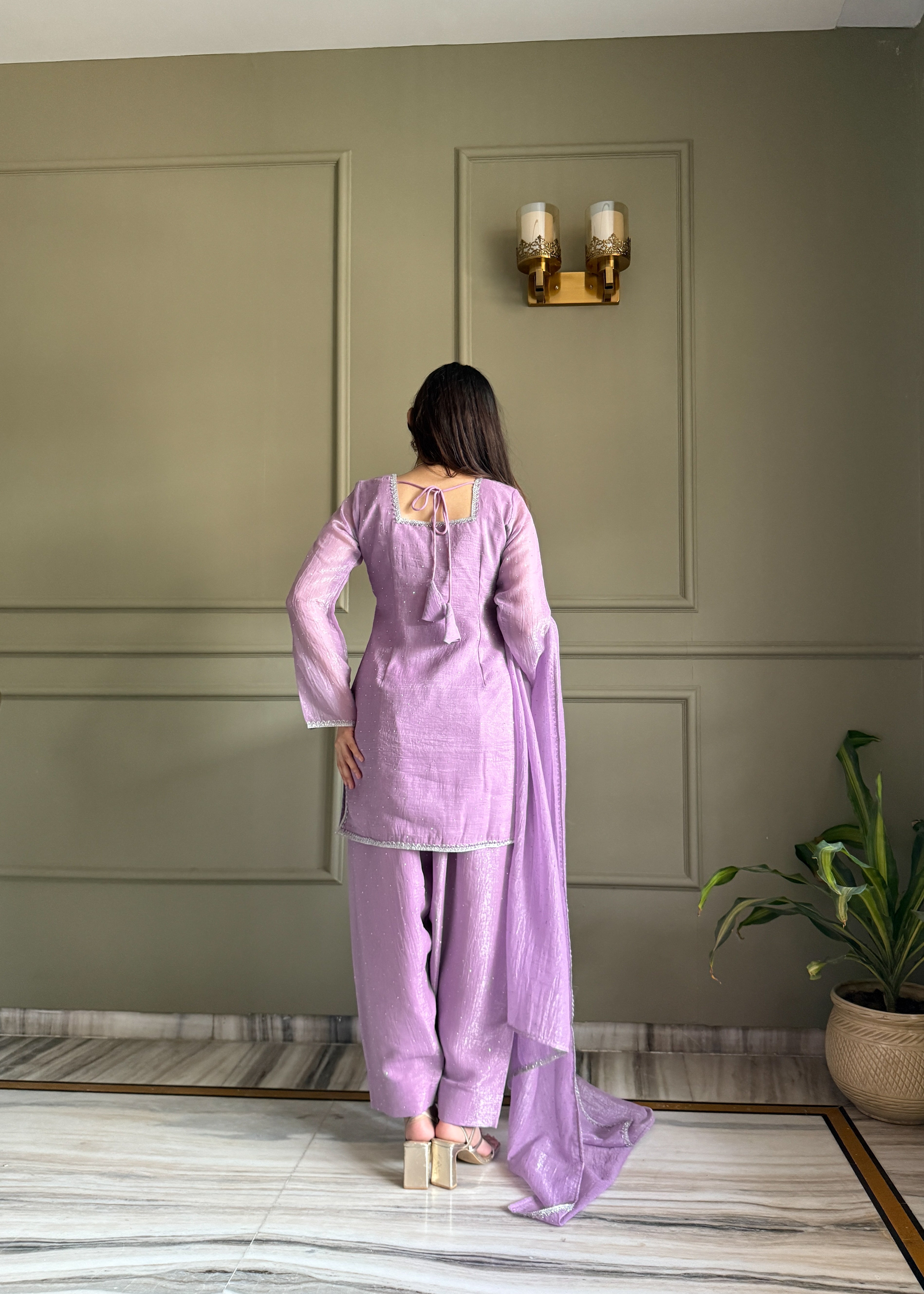 Women's Crunchy Silk Farshi Salwar Kurta Dupatta Set with Swarovski Work