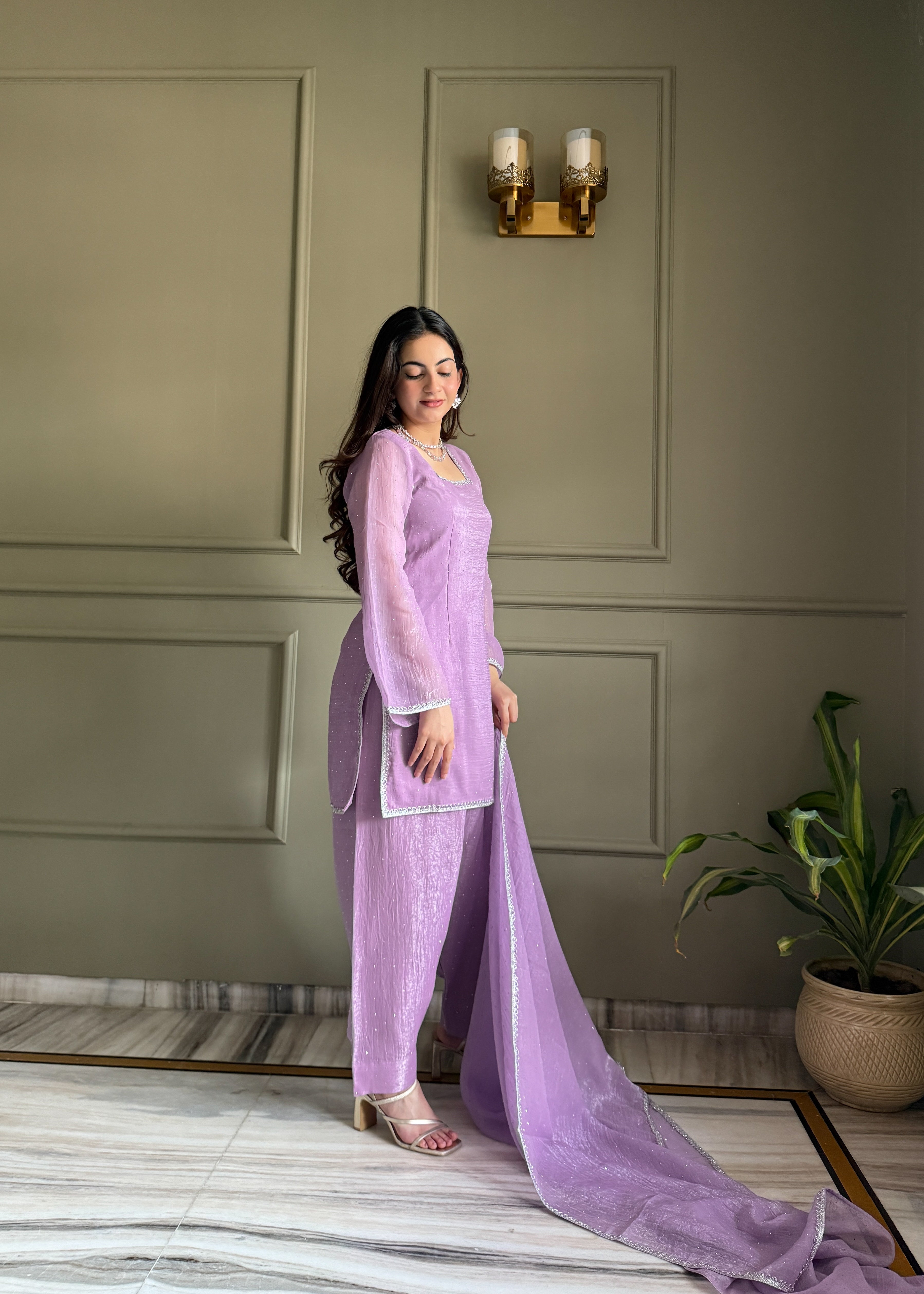 Women's Crunchy Silk Farshi Salwar Kurta Dupatta Set with Swarovski Work