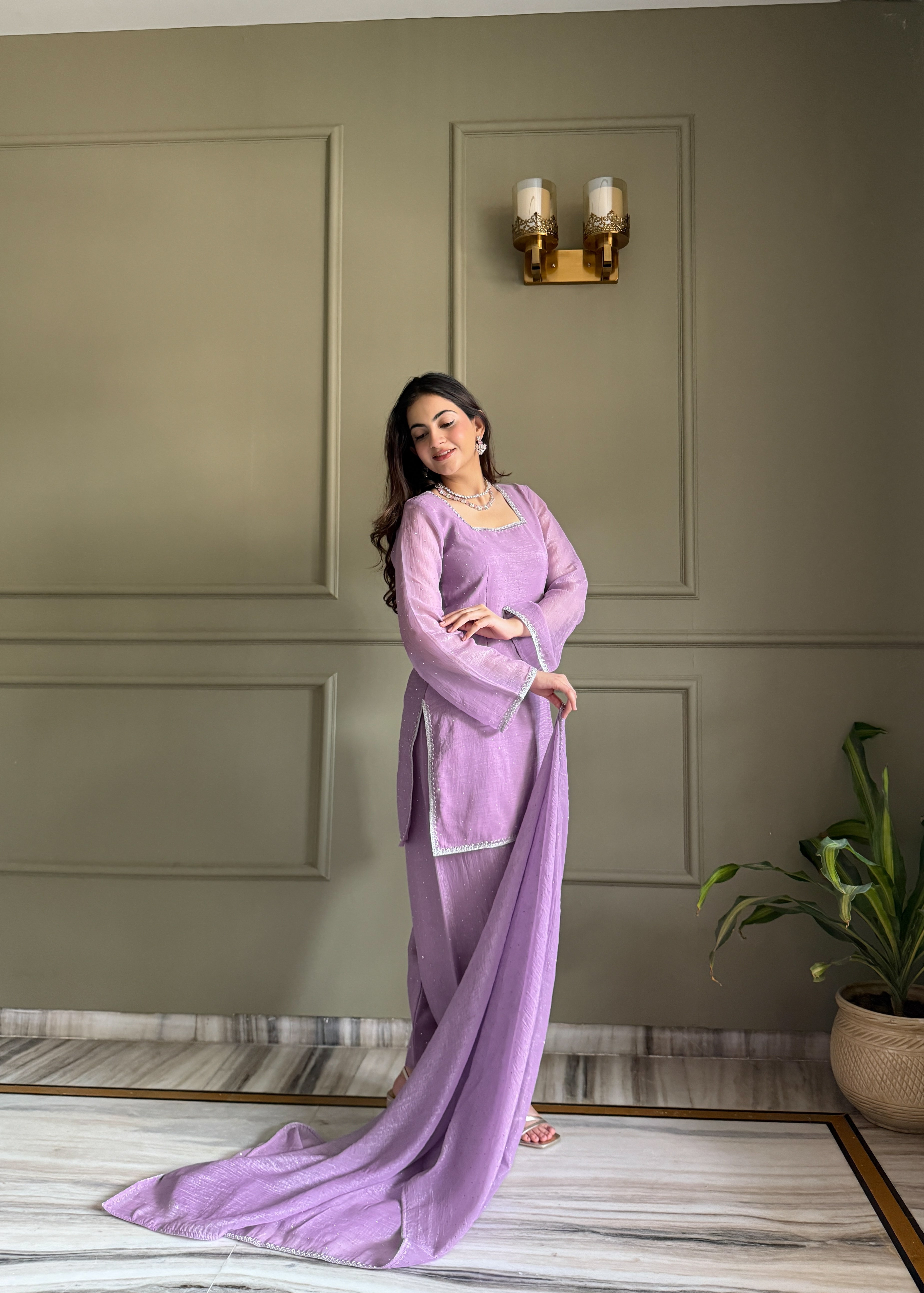 Women's Crunchy Silk Farshi Salwar Kurta Dupatta Set with Swarovski Work