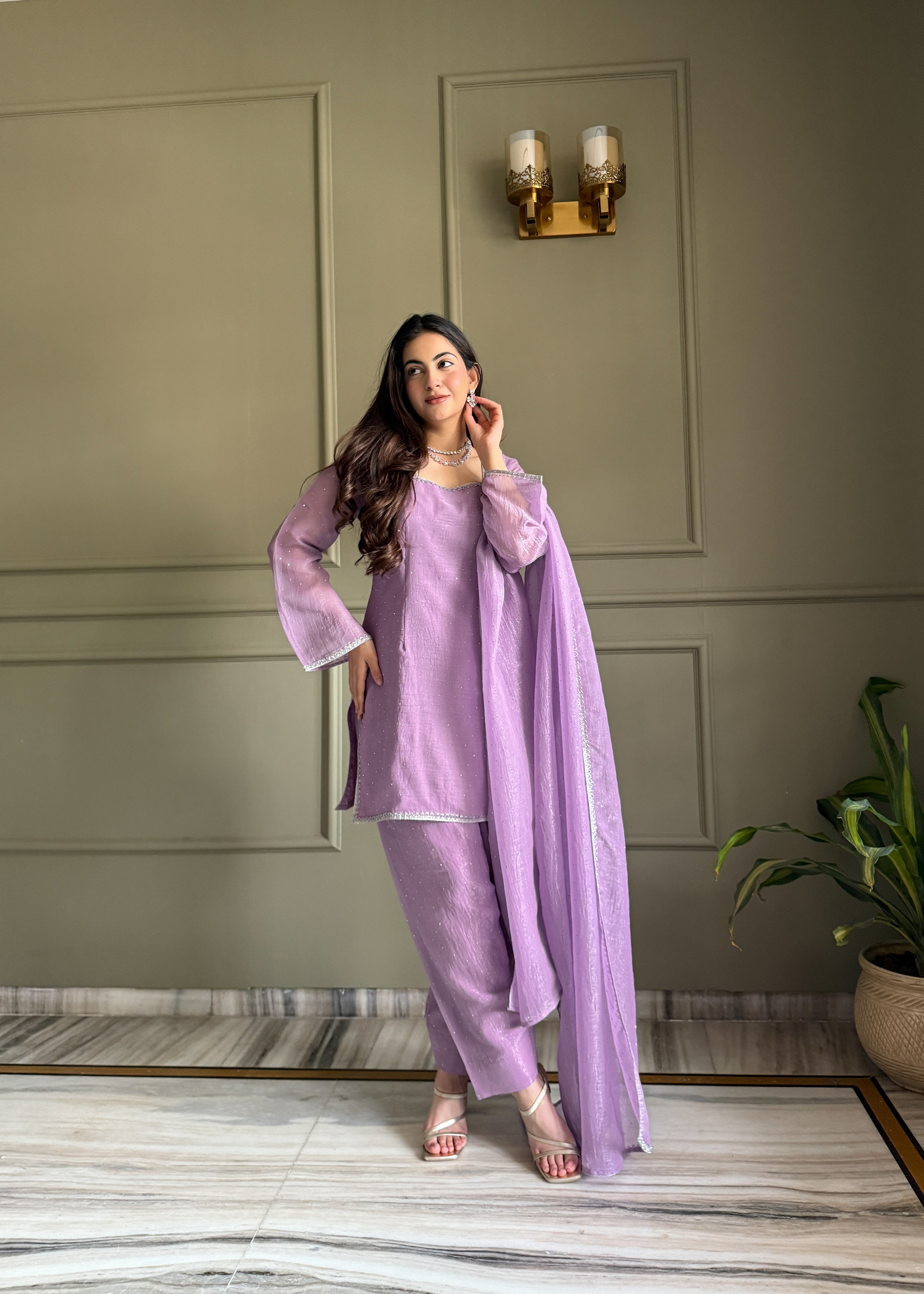 Women's Crunchy Silk Farshi Salwar Kurta Dupatta Set with Swarovski Work