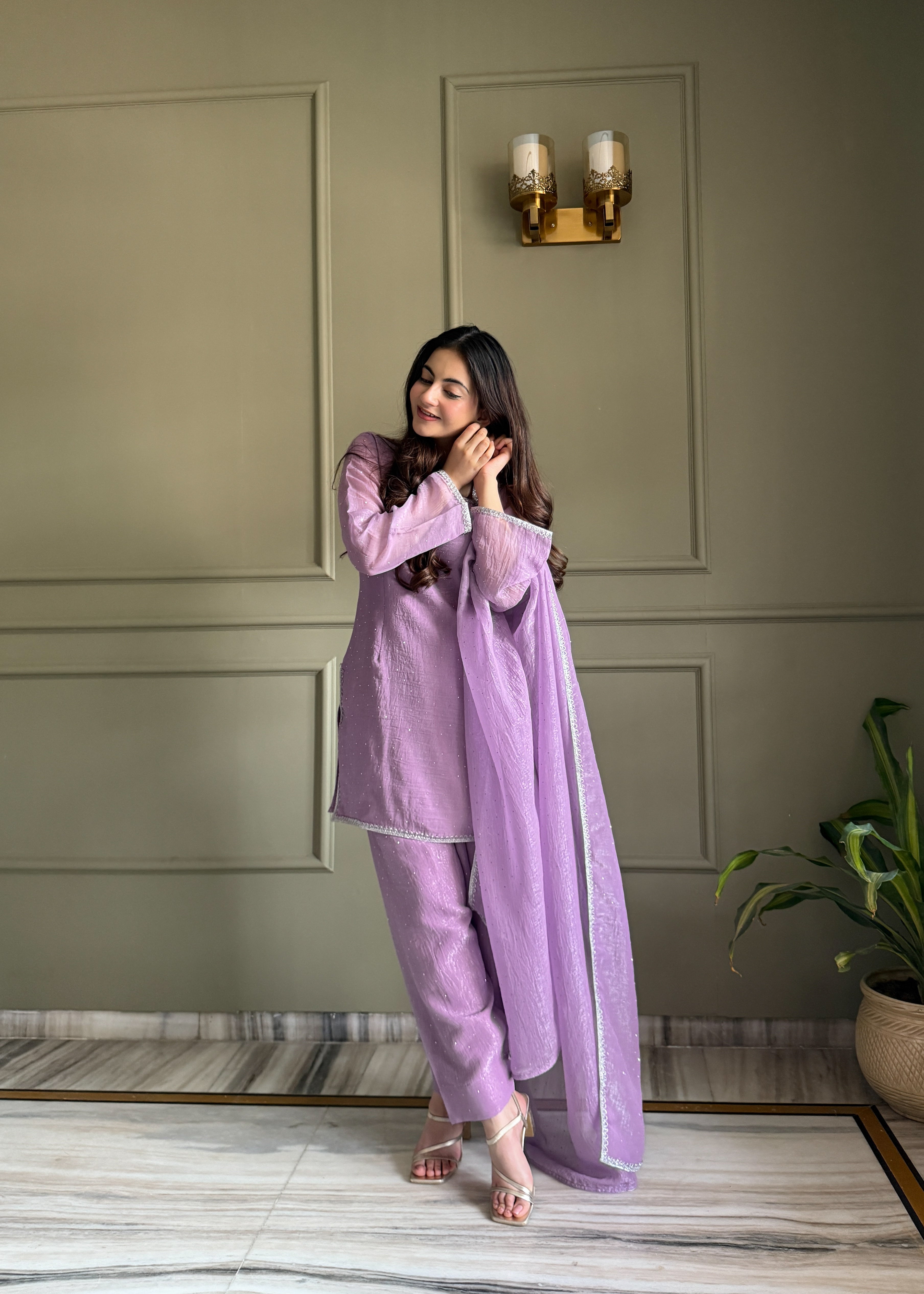 Women's Crunchy Silk Farshi Salwar Kurta Dupatta Set with Swarovski Work
