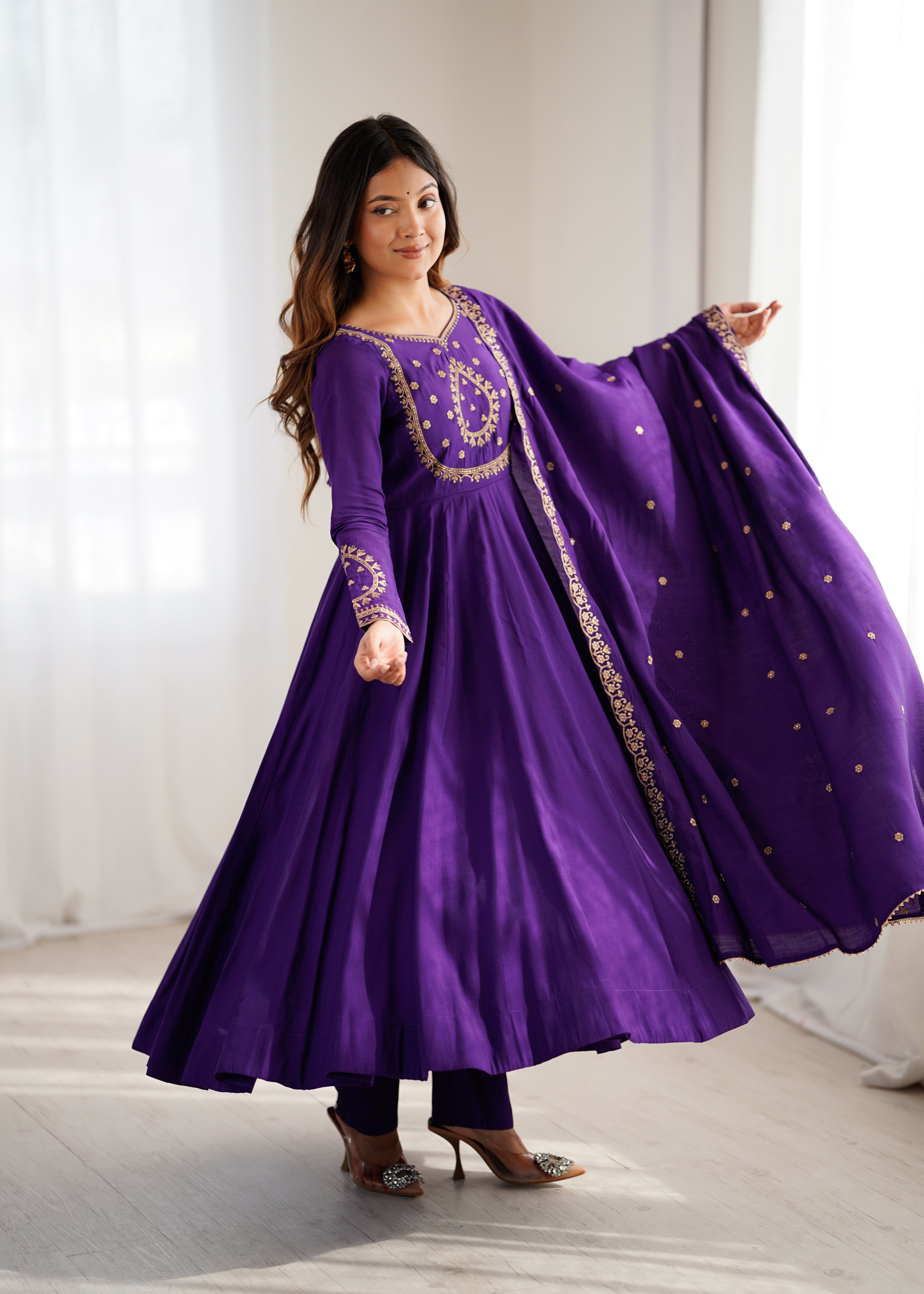 Women's Pure Roman Chanderi Silk 16 Kali Anarkali Suit Set with Pant & Embroidered Dupatta
