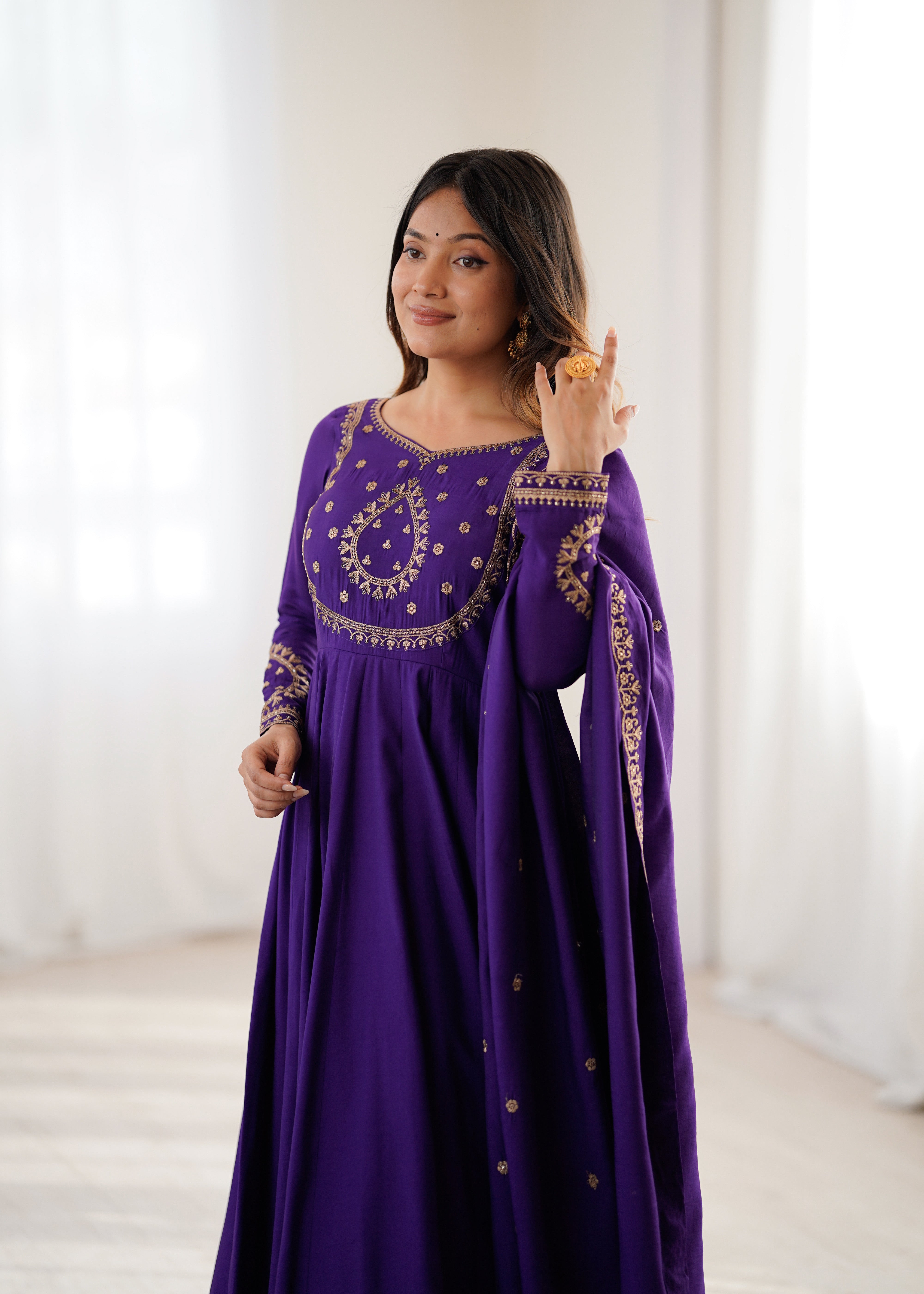 Women's Pure Roman Chanderi Silk 16 Kali Anarkali Suit Set with Pant & Embroidered Dupatta