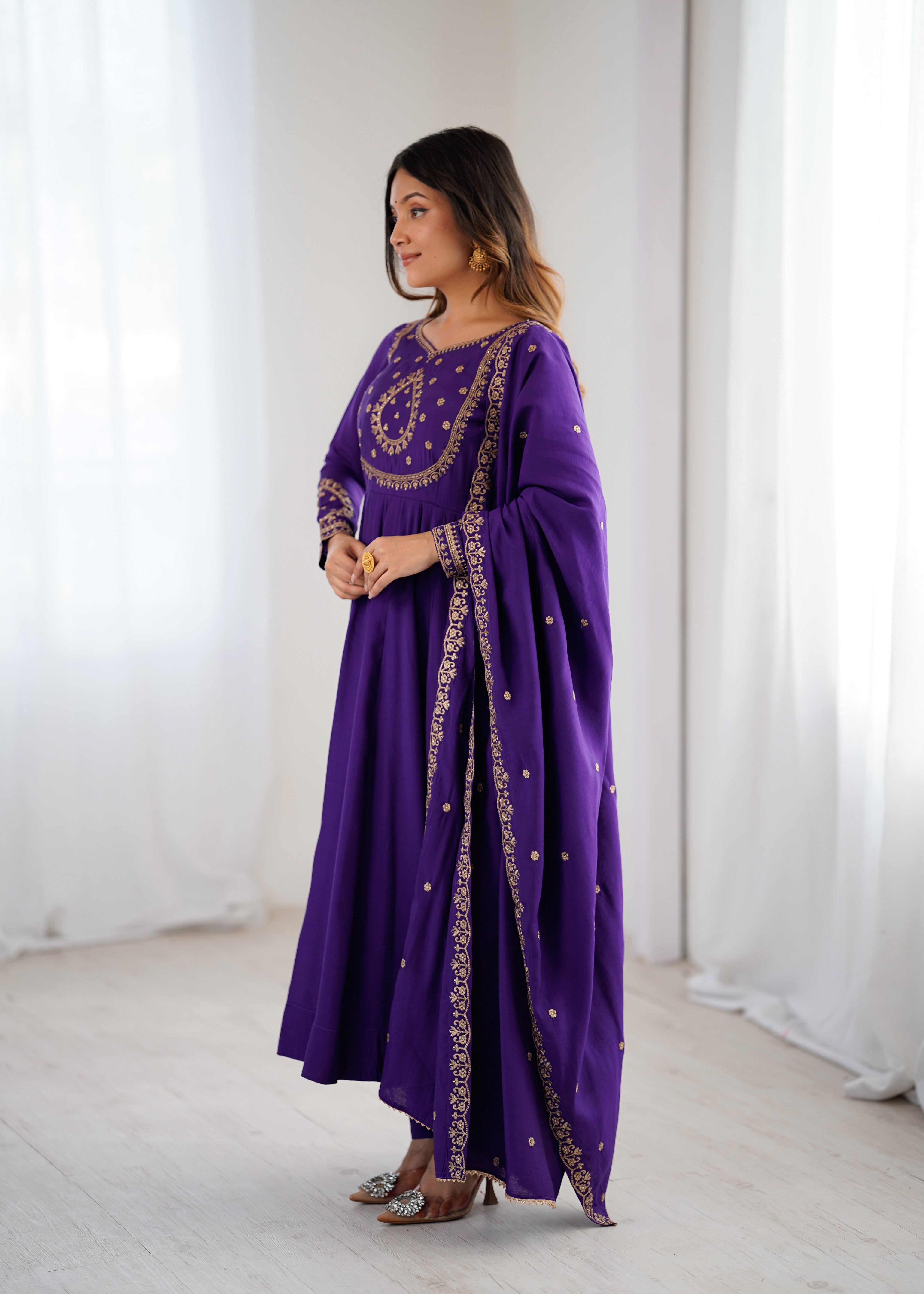Women's Pure Roman Chanderi Silk 16 Kali Anarkali Suit Set with Pant & Embroidered Dupatta