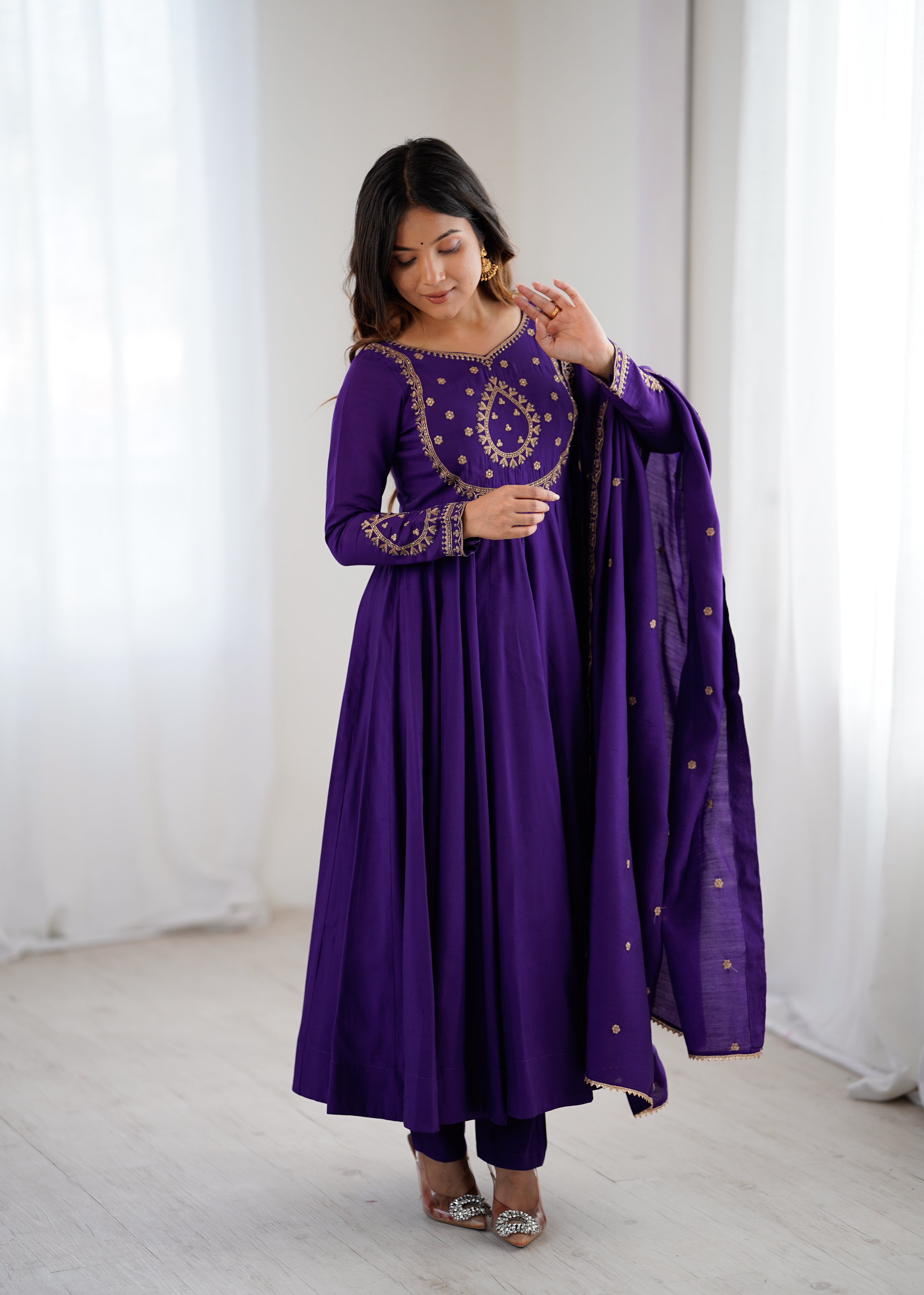 Women's Pure Roman Chanderi Silk 16 Kali Anarkali Suit Set with Pant & Embroidered Dupatta