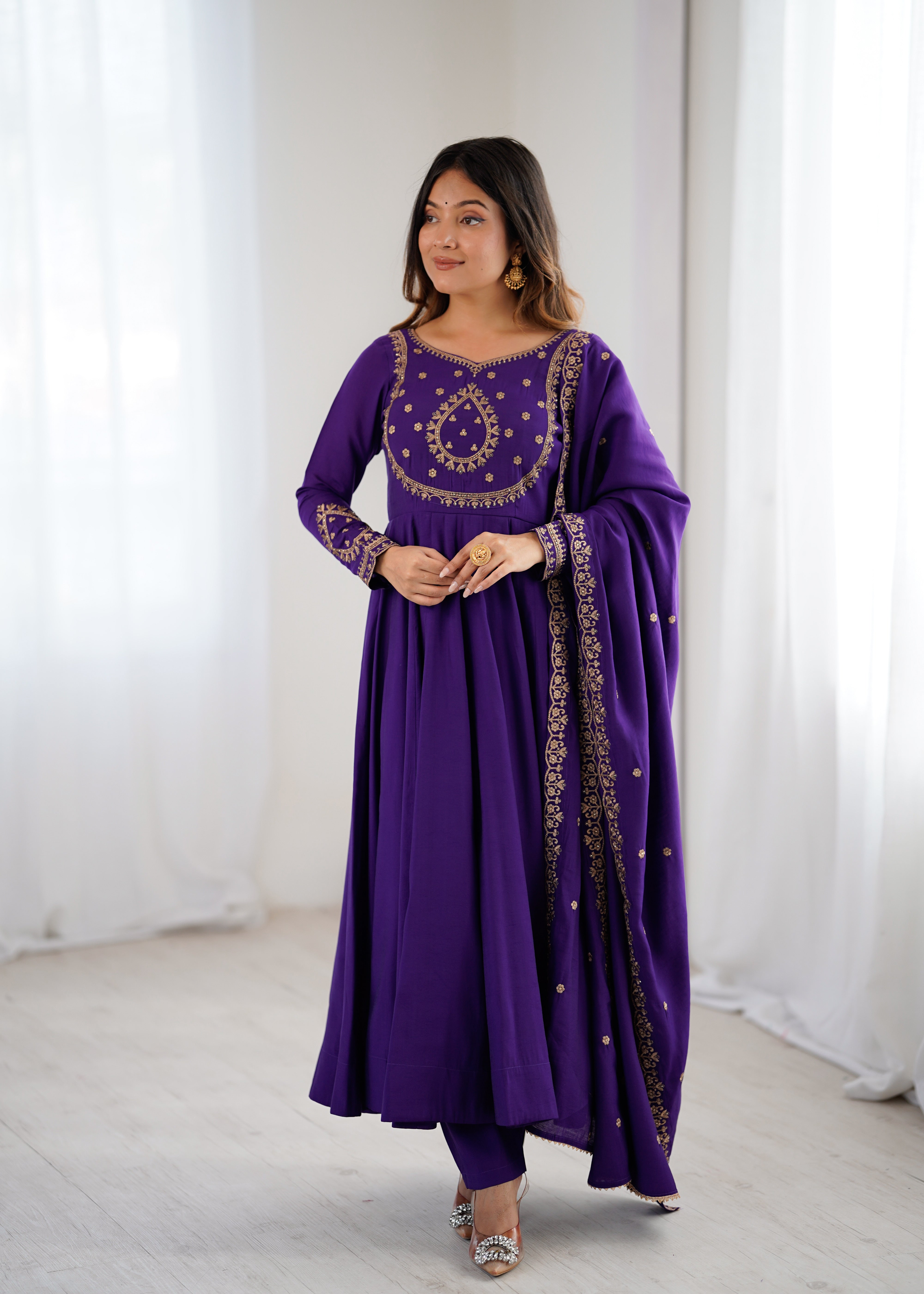 Women's Pure Roman Chanderi Silk 16 Kali Anarkali Suit Set with Pant & Embroidered Dupatta