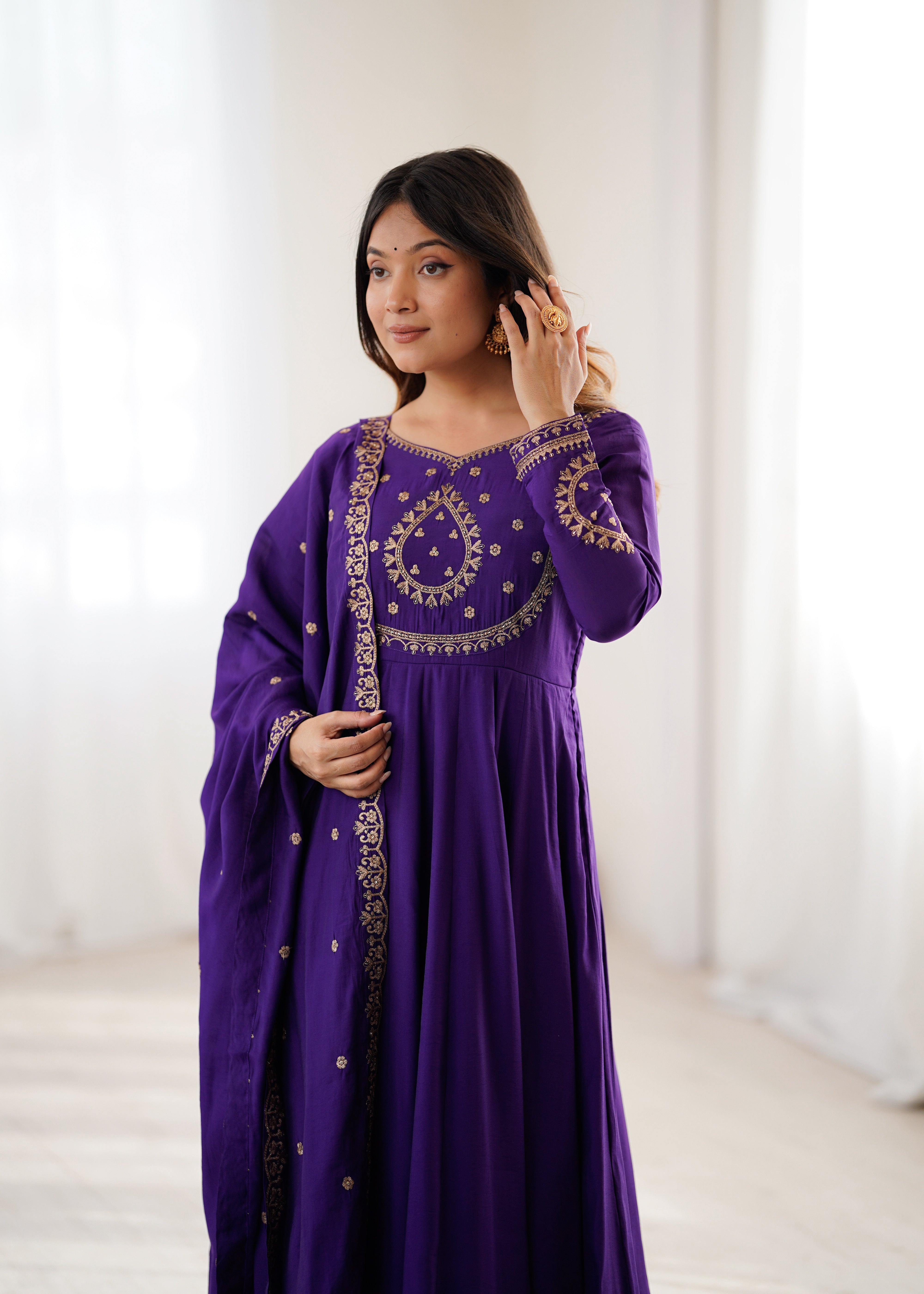 Women's Pure Roman Chanderi Silk 16 Kali Anarkali Suit Set with Pant & Embroidered Dupatta