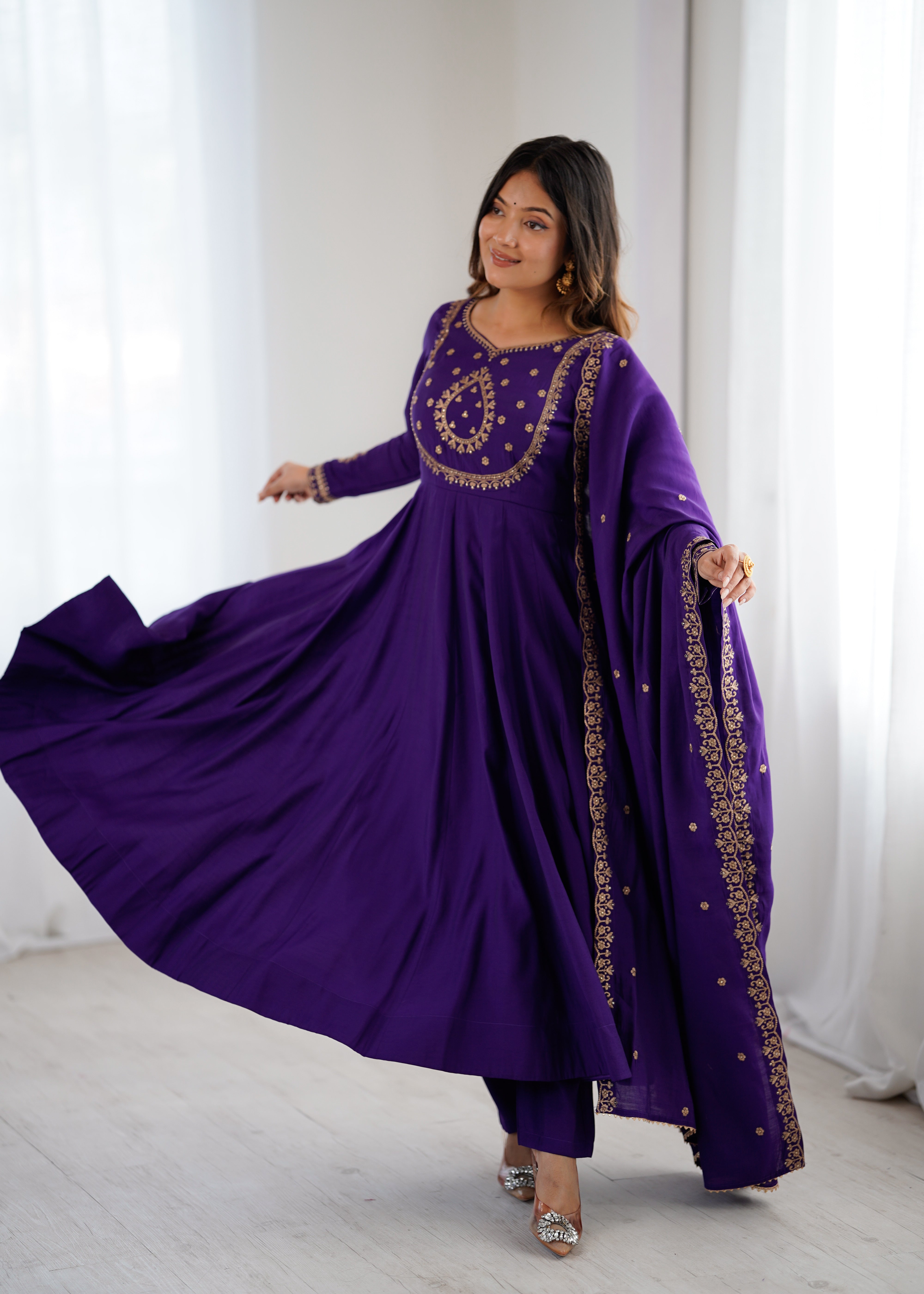 Women's Pure Roman Chanderi Silk 16 Kali Anarkali Suit Set with Pant & Embroidered Dupatta
