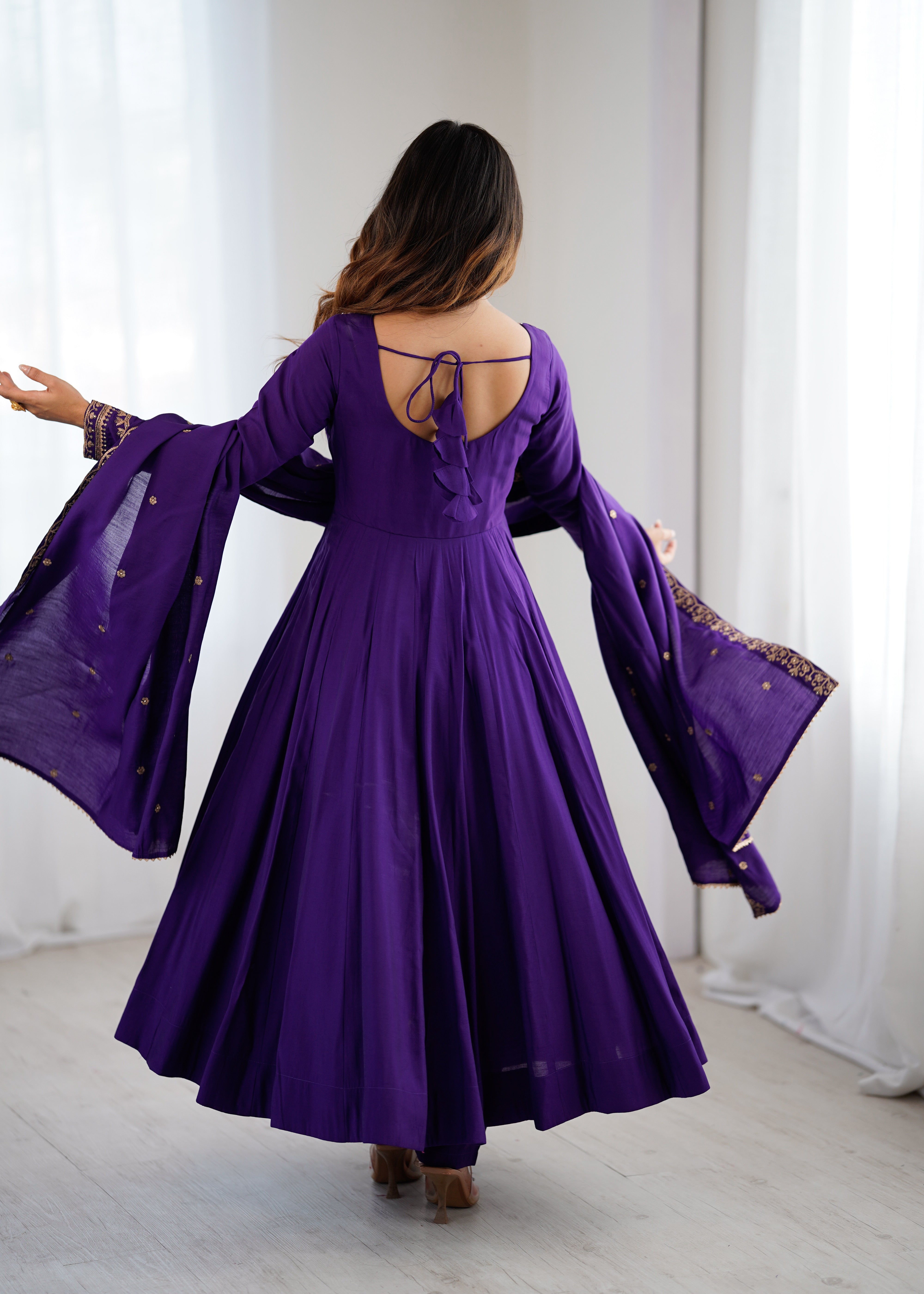 Women's Pure Roman Chanderi Silk 16 Kali Anarkali Suit Set with Pant & Embroidered Dupatta