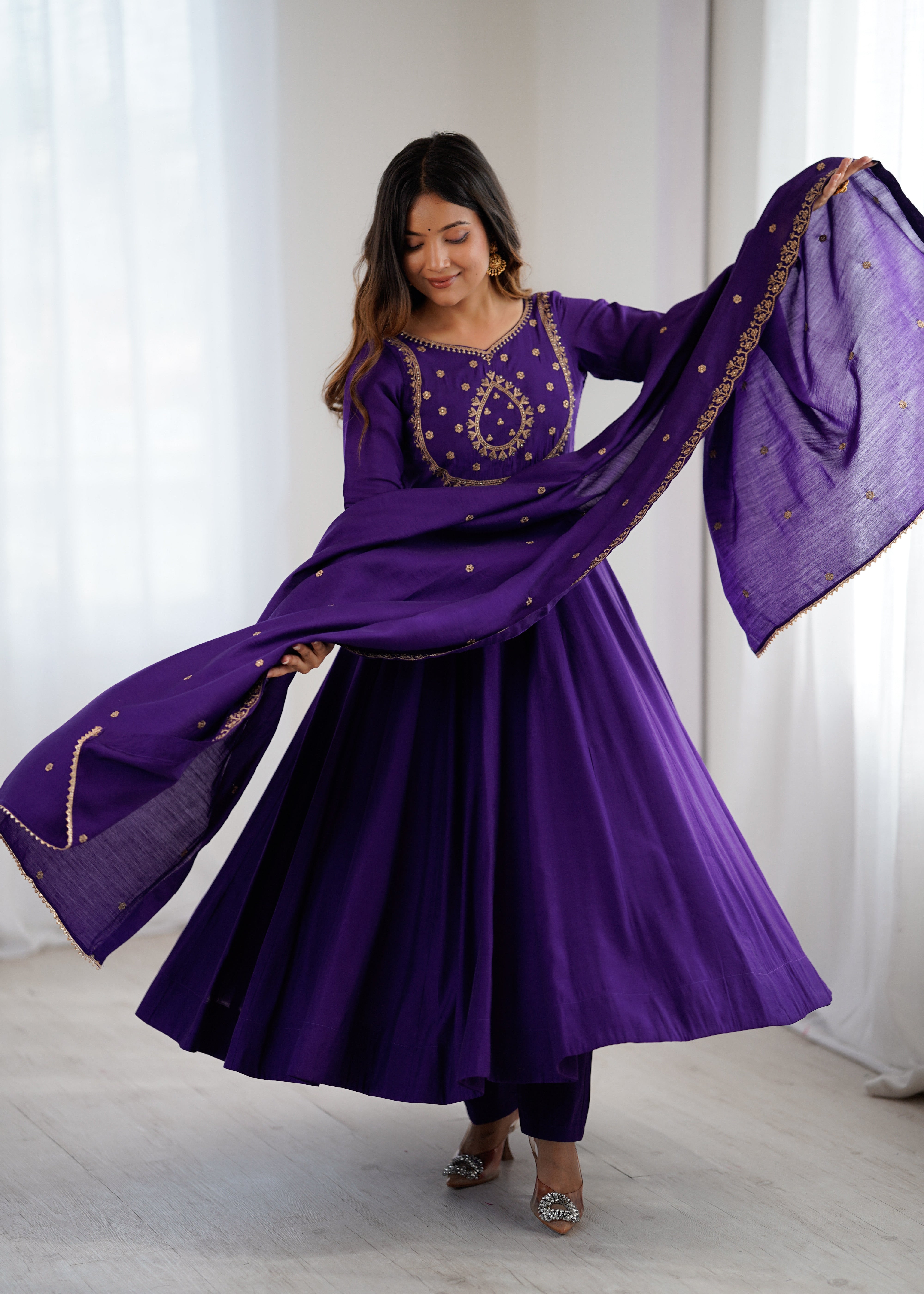 Women's Pure Roman Chanderi Silk 16 Kali Anarkali Suit Set with Pant & Embroidered Dupatta